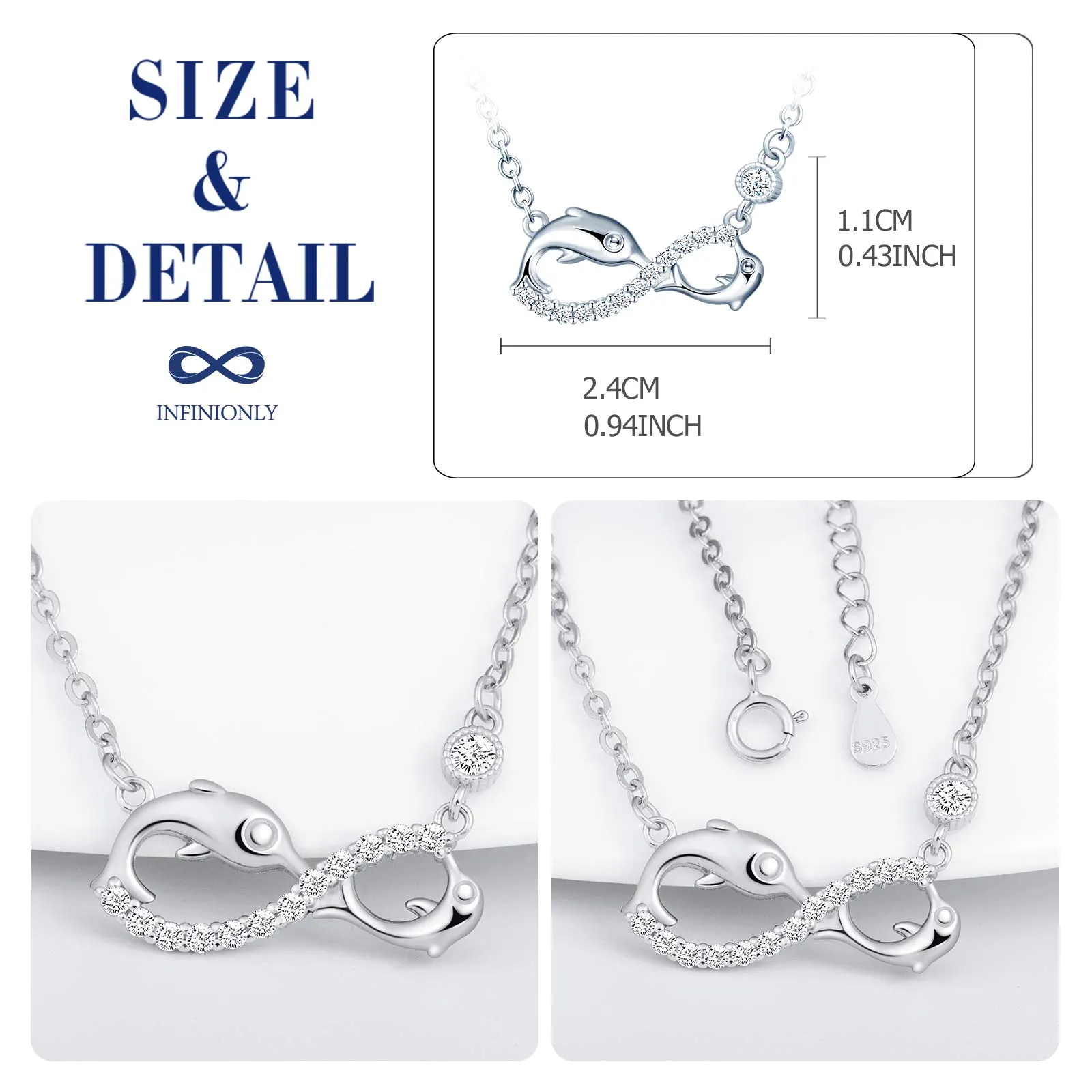 INFINIONLY Collana da donna, Parure di gioielli in argento sterling 925, collane ciondolo simbolo dell'infinito e delfino carino, intarsio in zirconio, argento, Regali di Natale - immagine 3