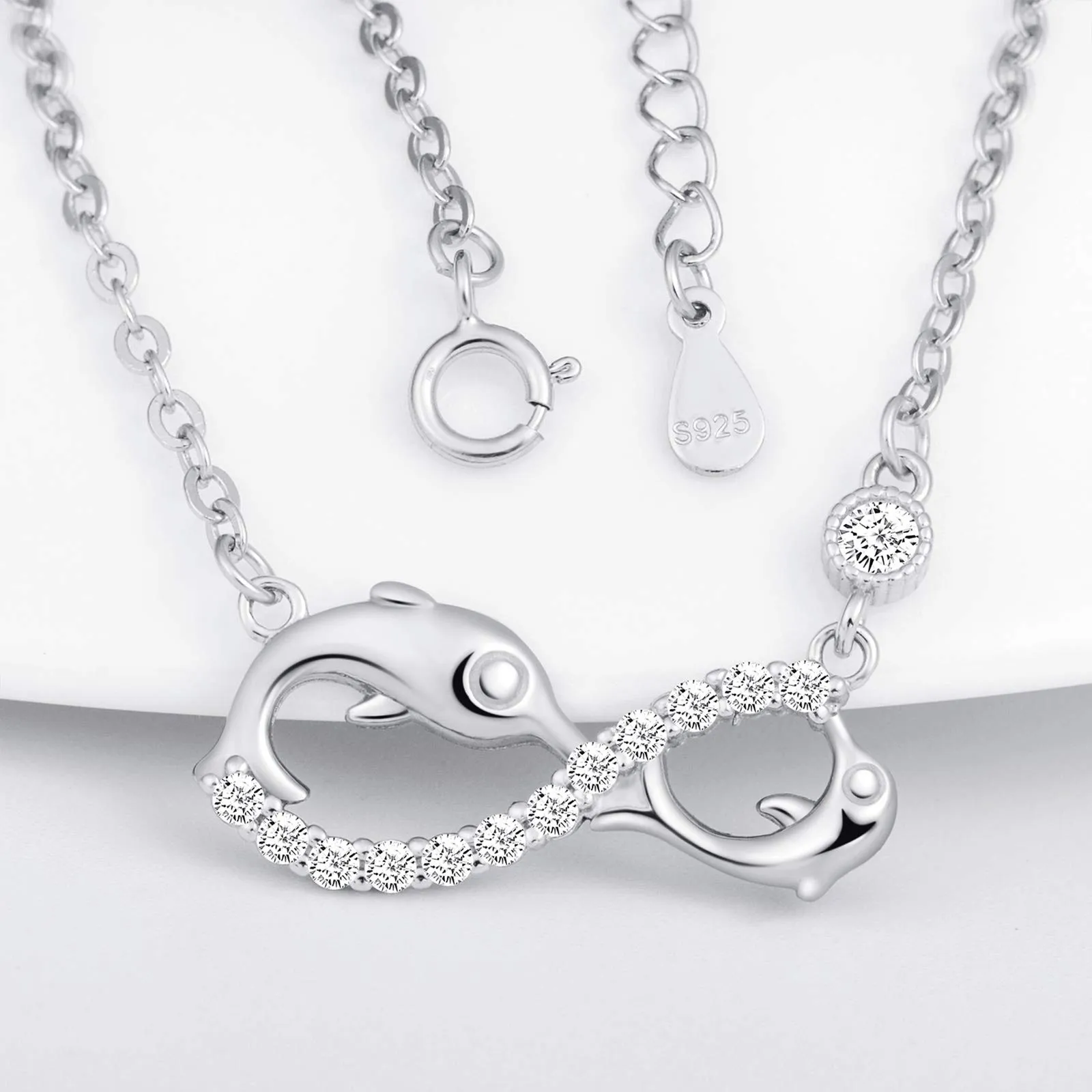 INFINIONLY Collana da donna, Parure di gioielli in argento sterling 925, collane ciondolo simbolo dell'infinito e delfino carino, intarsio in zirconio, argento, Regali di Natale - immagine 4