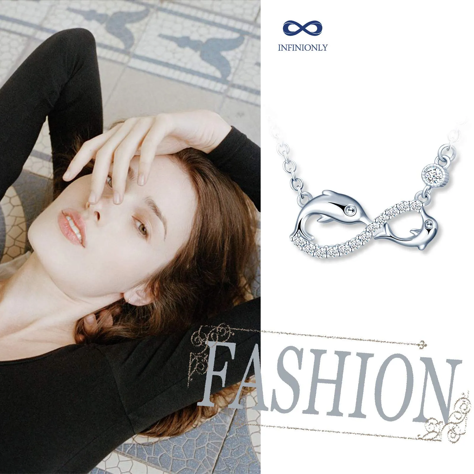 INFINIONLY Collana da donna, Parure di gioielli in argento sterling 925, collane ciondolo simbolo dell'infinito e delfino carino, intarsio in zirconio, argento, Regali di Natale - immagine 5