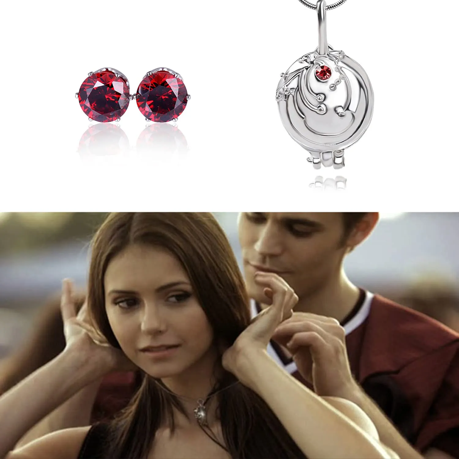 YouU Vampire Elena Gilbert Medaglione Verbena e Daywalking Katherine Collana Orecchini a bottone con Diamanti blu royal Anello Damon Salvatore - immagine 3