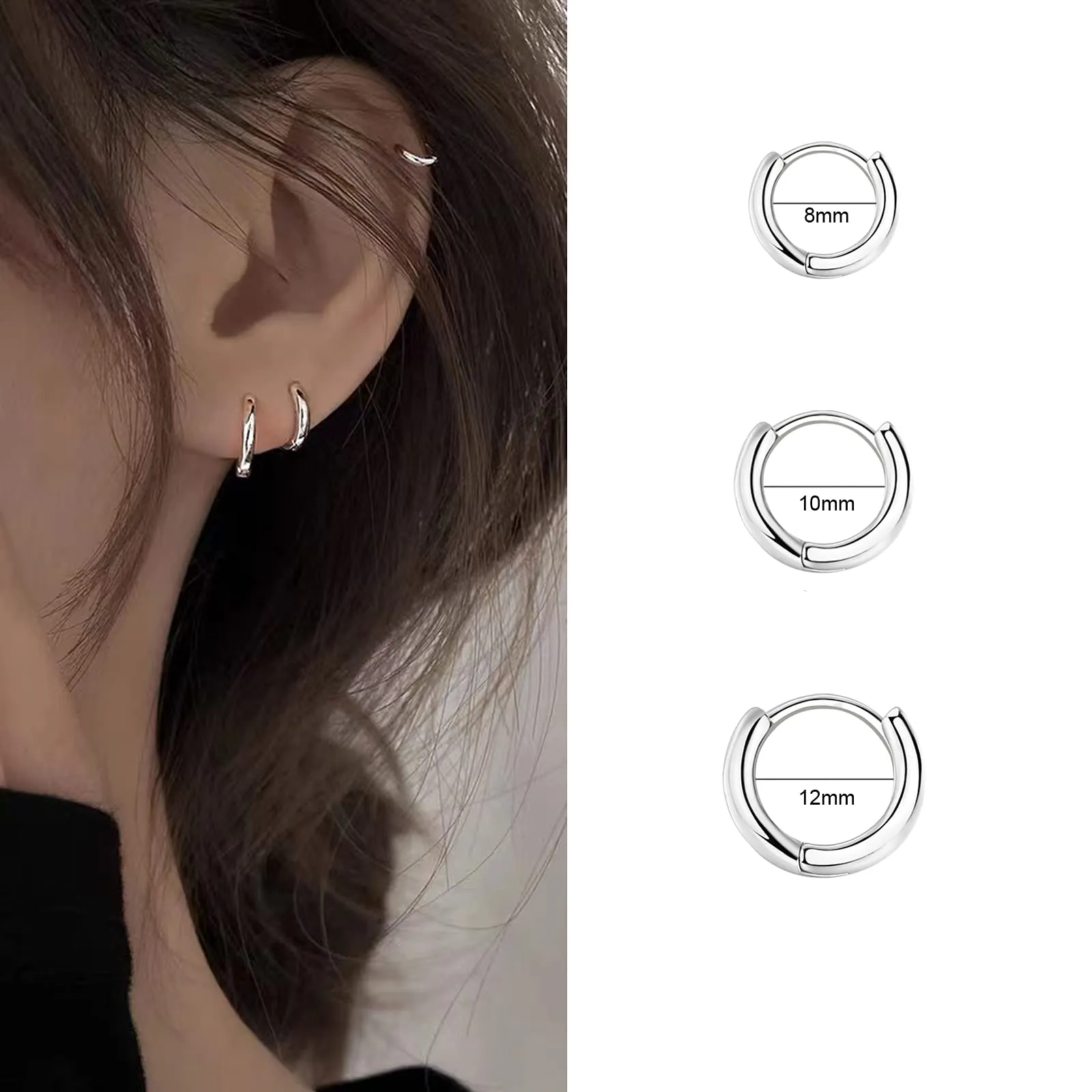 3 Paia Orecchini Cerchio Argento 925 per Donna, Piccoli Set Orecchini Bambina Anallergici 8mm, 10mm, 12mm - immagine 3