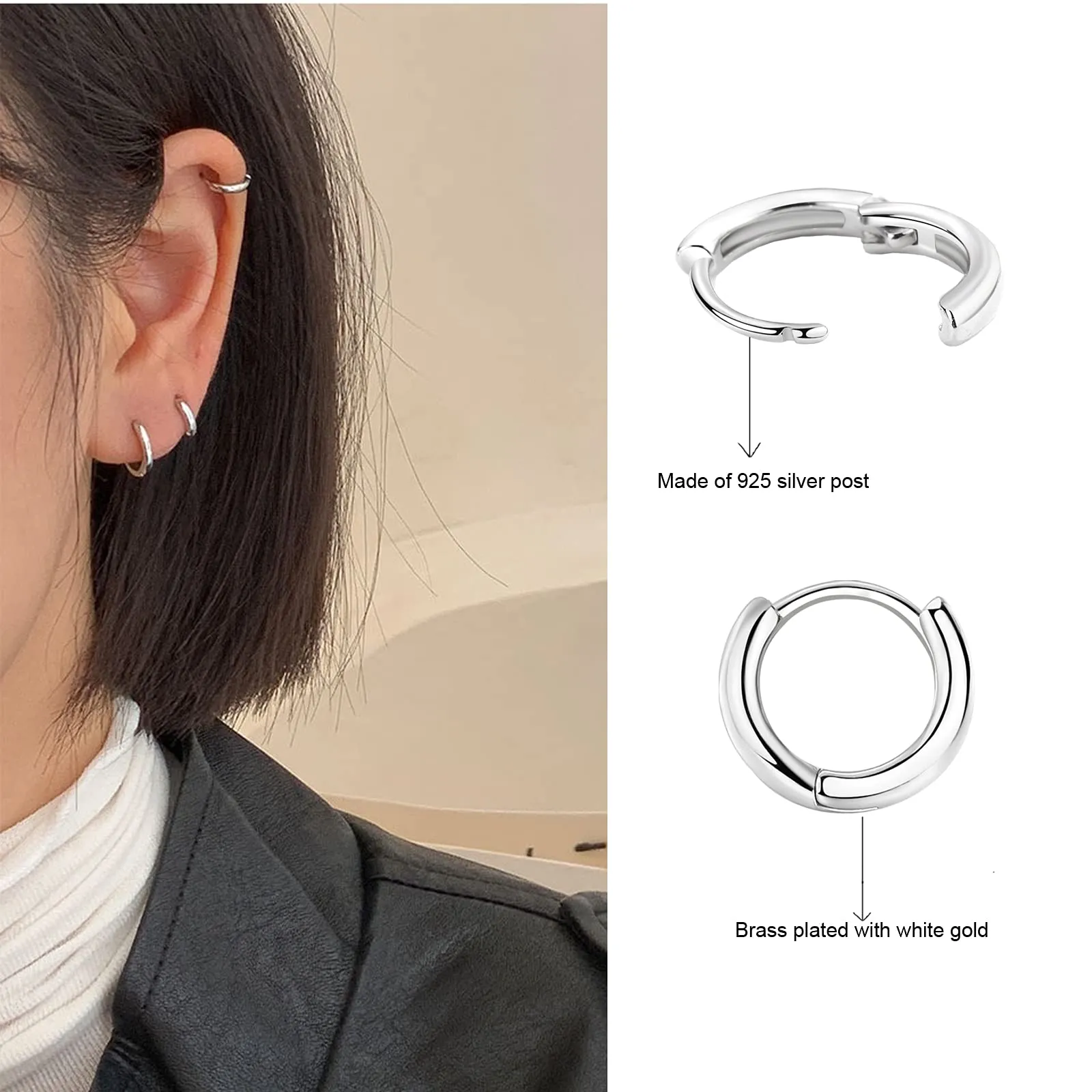 3 Paia Orecchini Cerchio Argento 925 per Donna, Piccoli Set Orecchini Bambina Anallergici 8mm, 10mm, 12mm - immagine 4