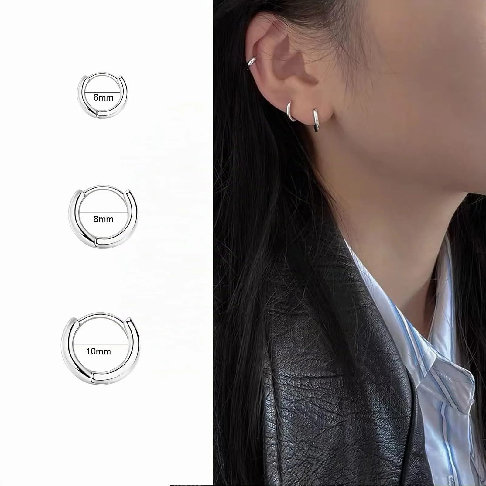 3 Paia Orecchini Cerchio Argento 925 per Donna, Orecchini Cerchio Piccoli Set Orecchini Donna Argento Orecchini Bambina Anallergici 6mm, 8mm, 10mm - immagine 3