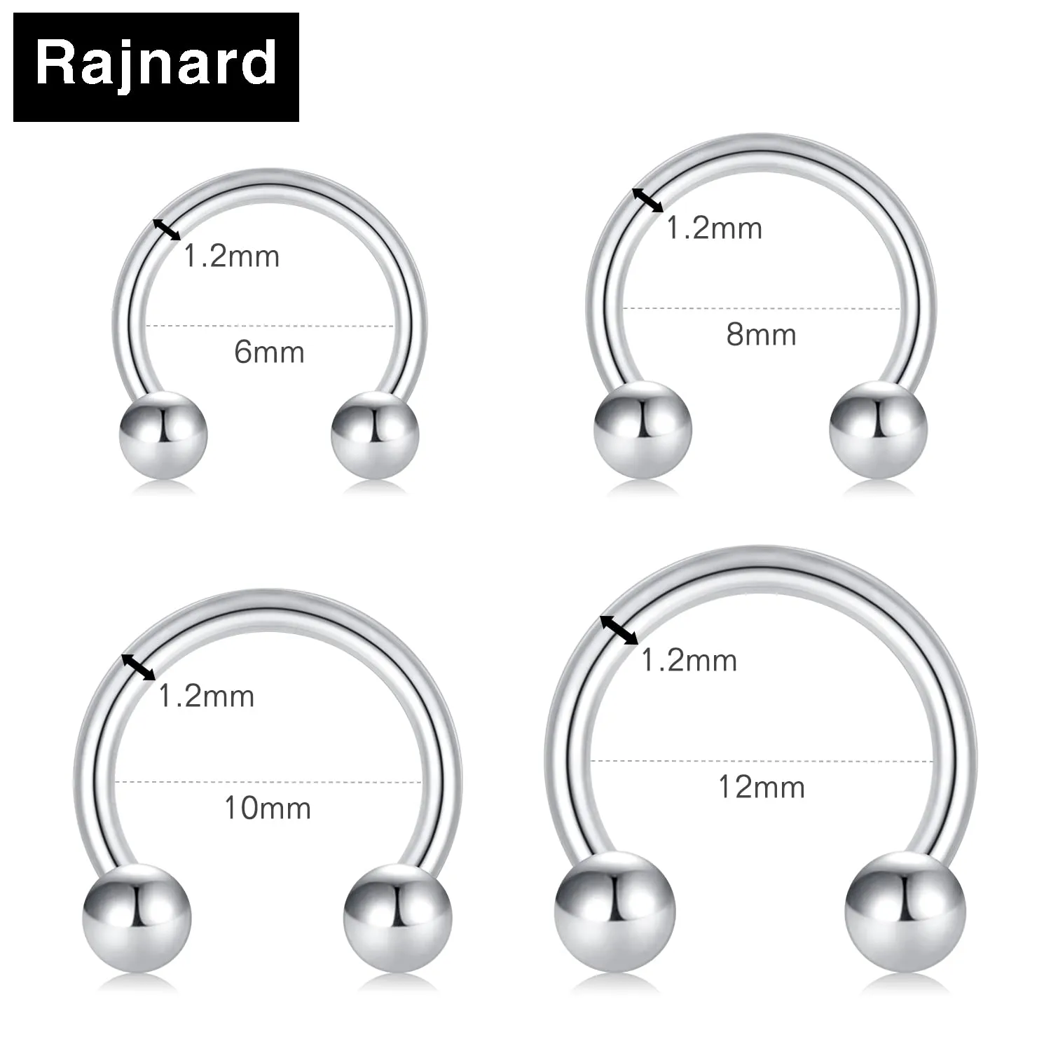 Rajnard 16G Septum Piercing Anelli Septum Labbro Acciaio Chirurgico Trago Helix Piercing 6/8/10/12mm con Sfere e Spikes 8Pcs - immagine 2