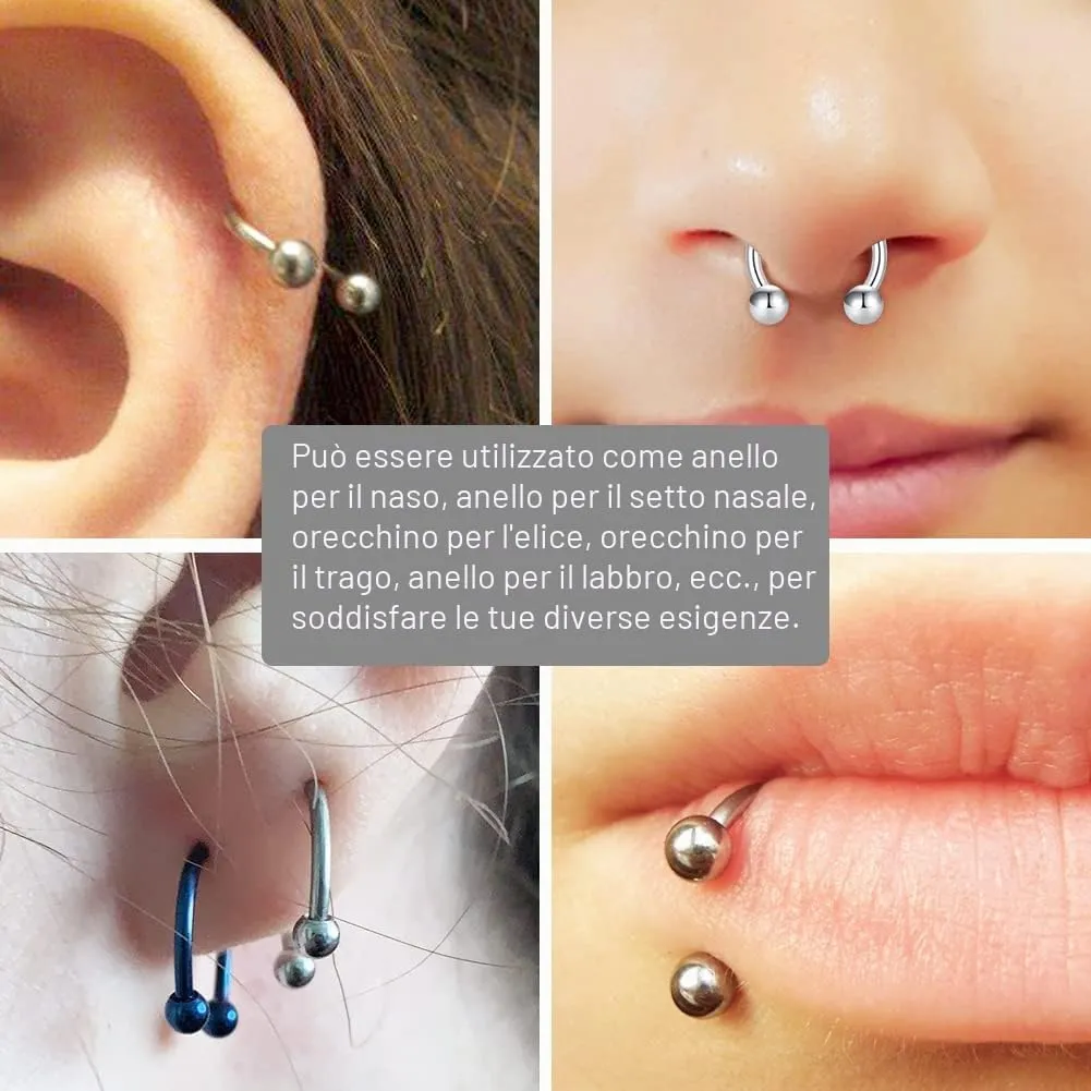 Rajnard 16G Septum Piercing Anelli Septum Labbro Acciaio Chirurgico Trago Helix Piercing 6/8/10/12mm con Sfere e Spikes 8Pcs - immagine 3