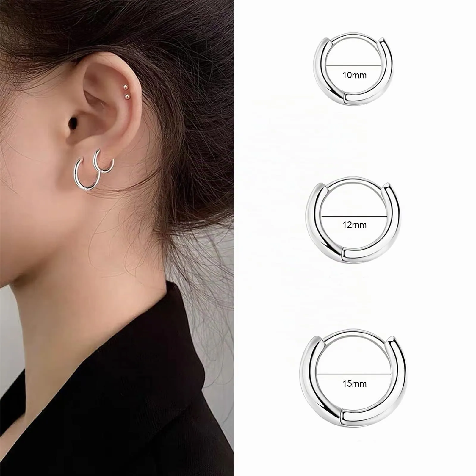 3 Paia Orecchini Cerchio Argento 925 per Donna, Orecchini Cerchio Piccoli Set Orecchini Donna Argento Orecchini Bambina Anallergici 10mm, 12mm, 15mm - immagine 5
