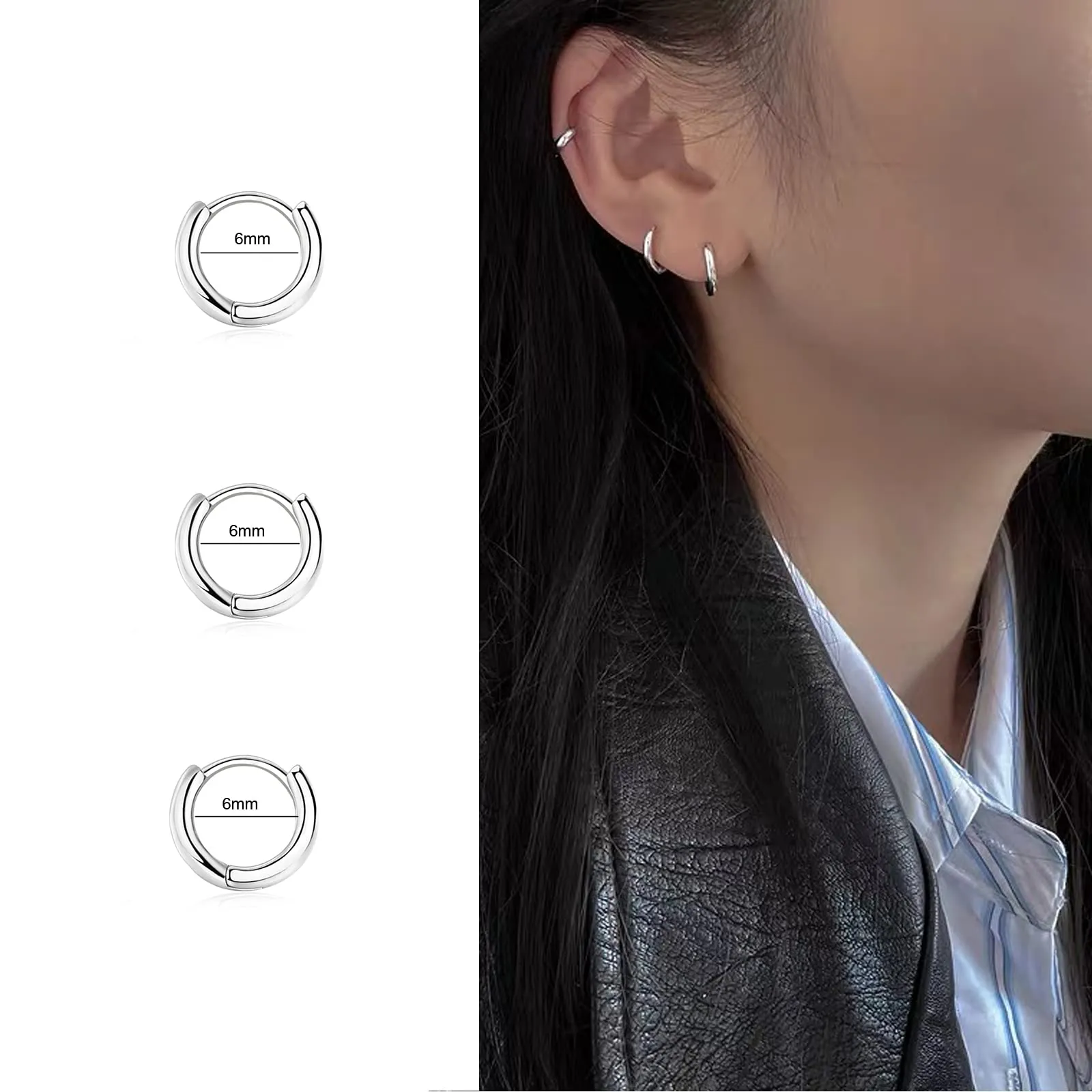 3 Paia Orecchini Cerchio Argento 925 per Donna, Orecchini Cerchio Piccoli Set Orecchini Donna Argento Orecchini Bambina Anallergici 6mm - immagine 3