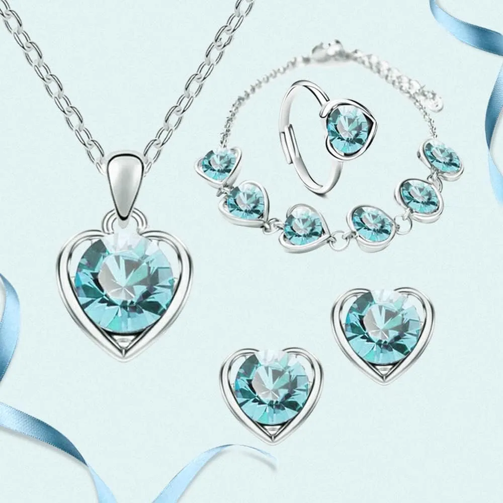 TOFBS Parure Gioielli Cuore Cristallo Elegante Collana Bracciale Anello Orecchini Set Donna Argento Brillante - immagine 3