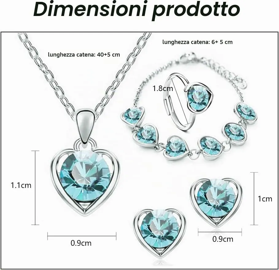 TOFBS Parure Gioielli Cuore Cristallo Elegante Collana Bracciale Anello Orecchini Set Donna Argento Brillante - immagine 5