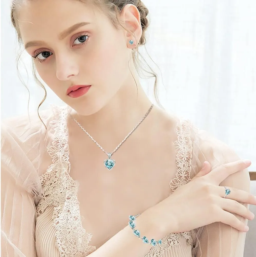 TOFBS Parure Gioielli Cuore Cristallo Elegante Collana Bracciale Anello Orecchini Set Donna Argento Brillante - immagine 6
