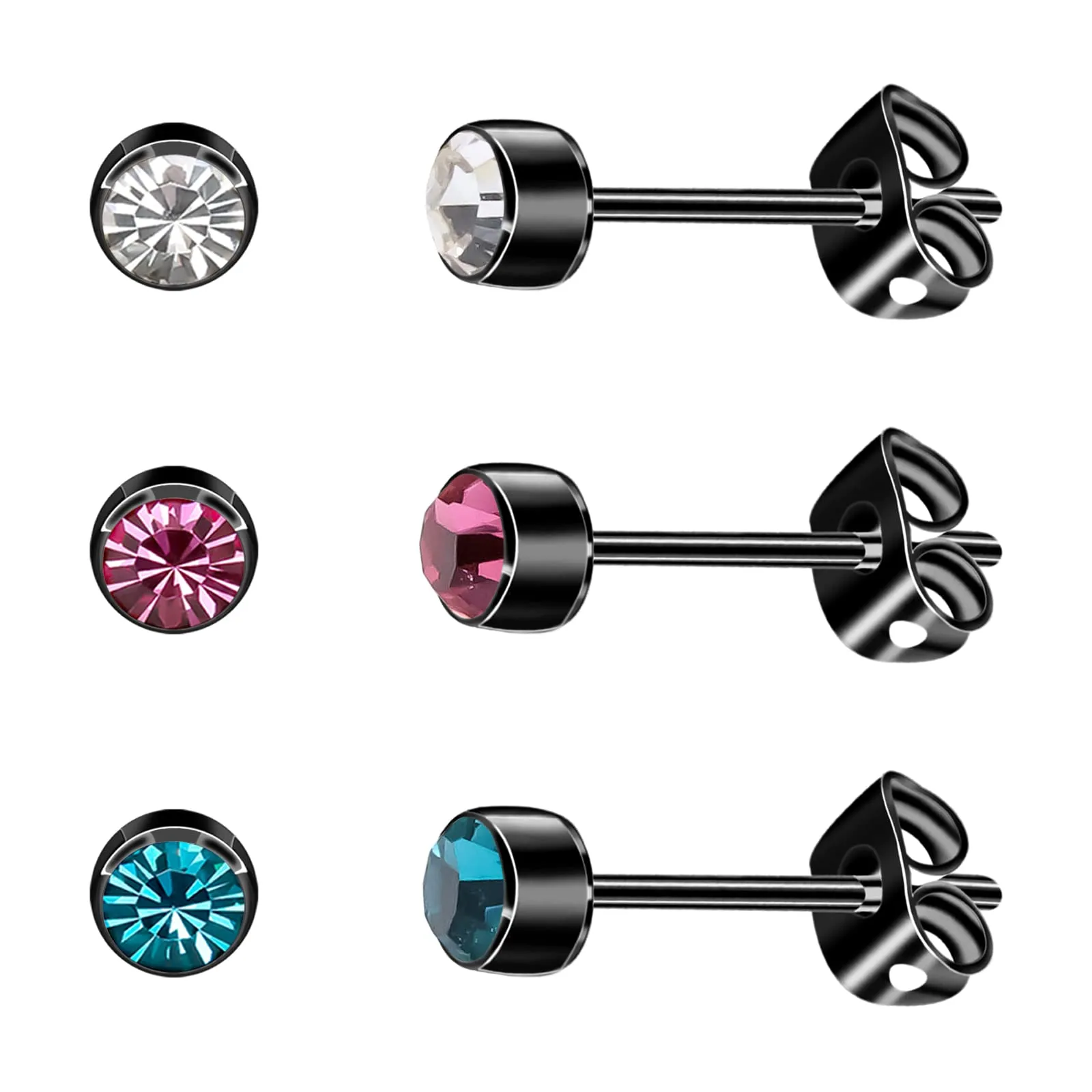 Artskin 3 paia di orecchini da donna in titanio ragazza orecchini nichel free ipoallergenici 4mm nero - immagine 1