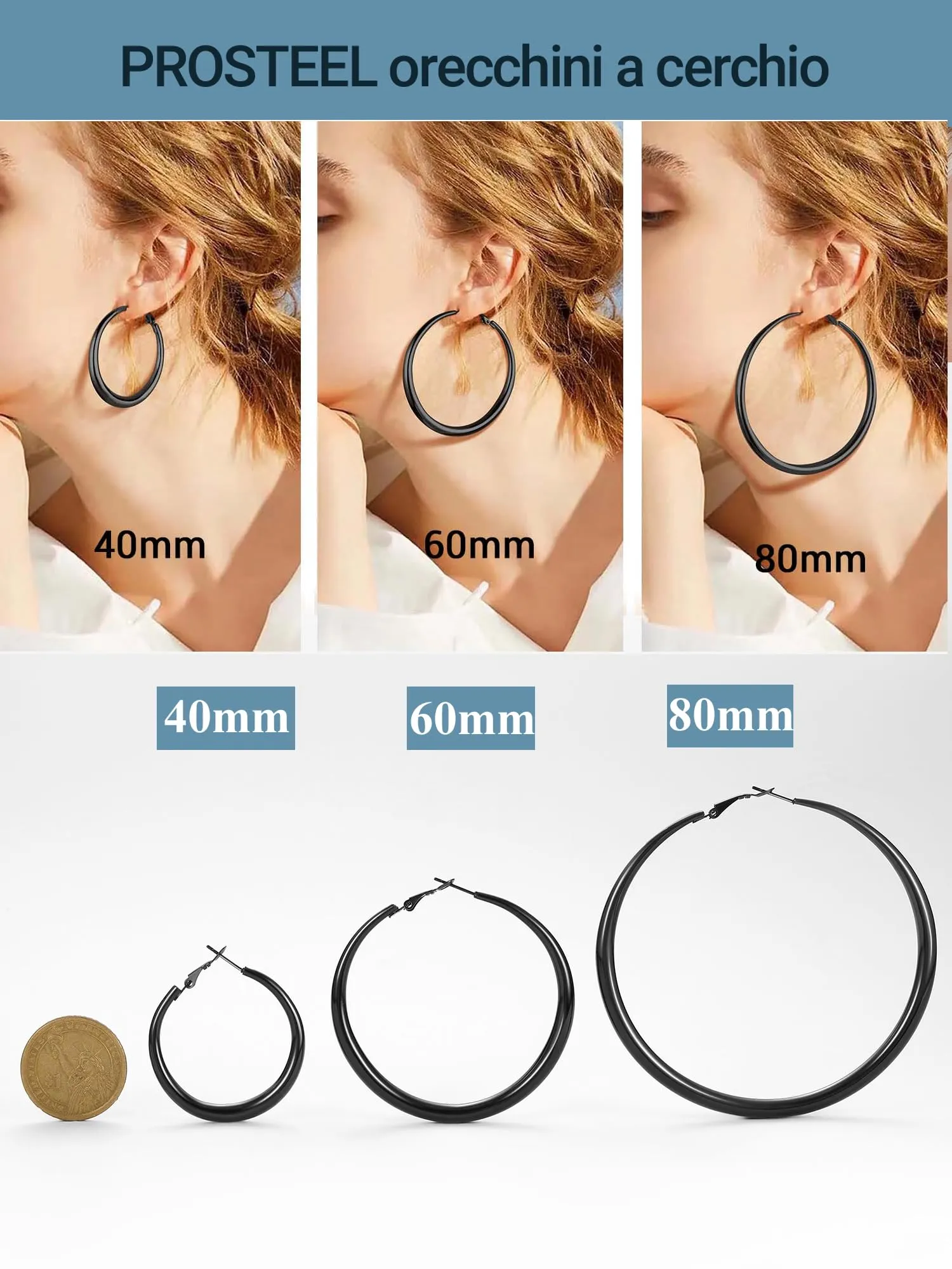 PROSTEEL Orecchini Cerchio Neri Donna Orecchini Cerchio Neri Acciao Inossidabile Orecchini Acciaio Chirurgico 80mm - immagine 3