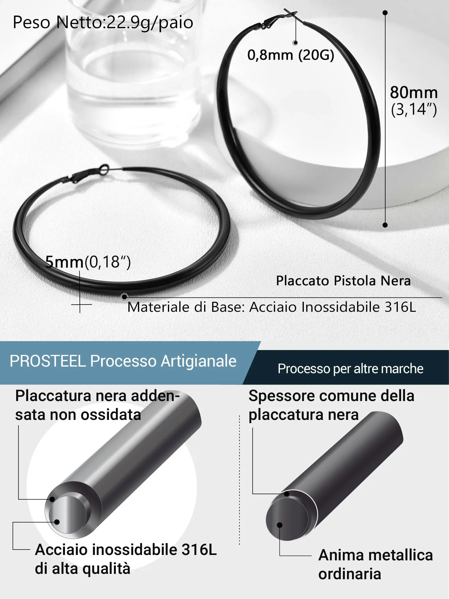 PROSTEEL Orecchini Cerchio Neri Donna Orecchini Cerchio Neri Acciao Inossidabile Orecchini Acciaio Chirurgico 80mm - immagine 6