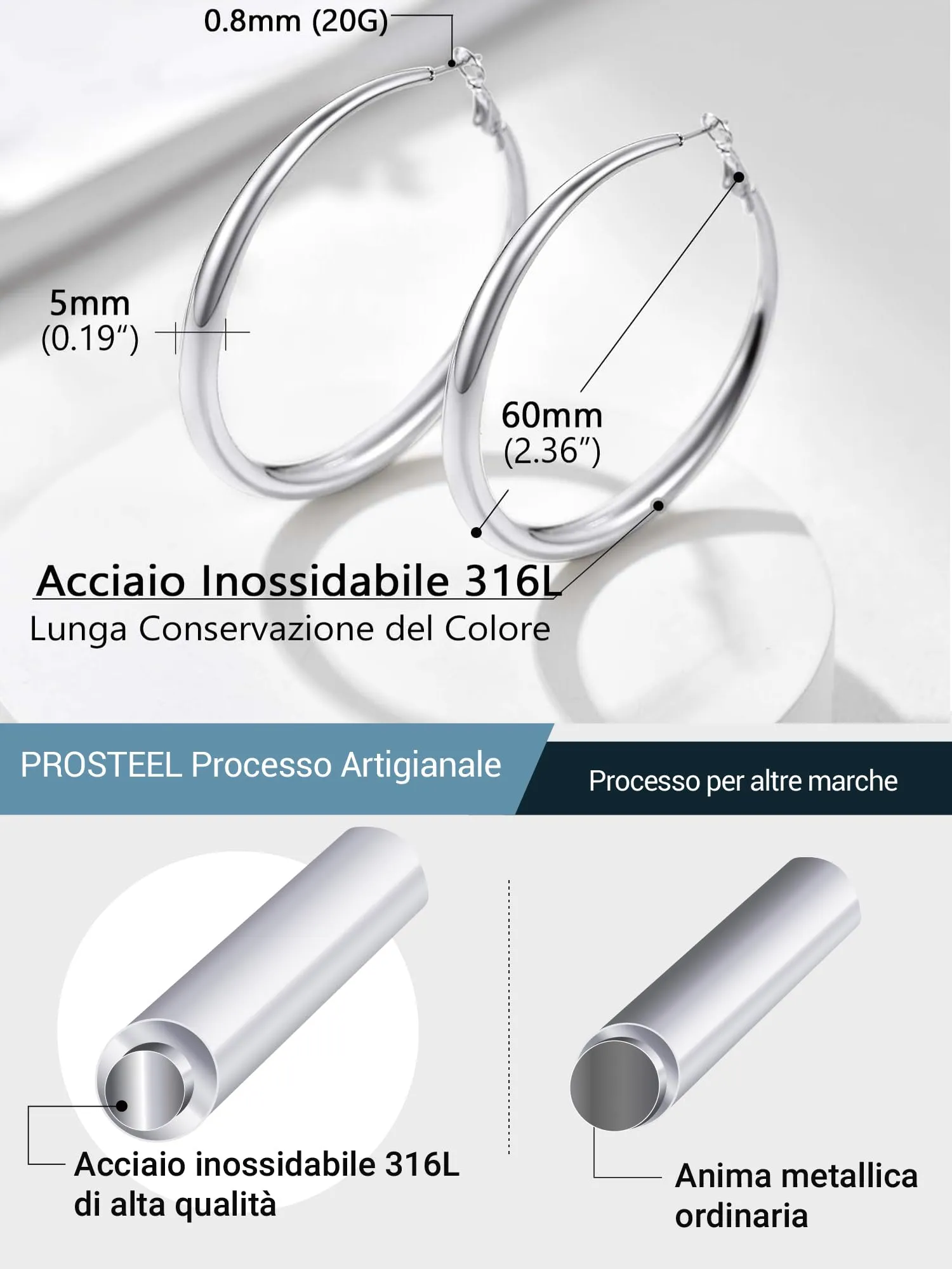 PROSTEEL Orecchini A Cerchio Orecchini Donna Cerchio Argento Acciao Inossidabile Orecchini Anallergici Donna 60mm - immagine 5