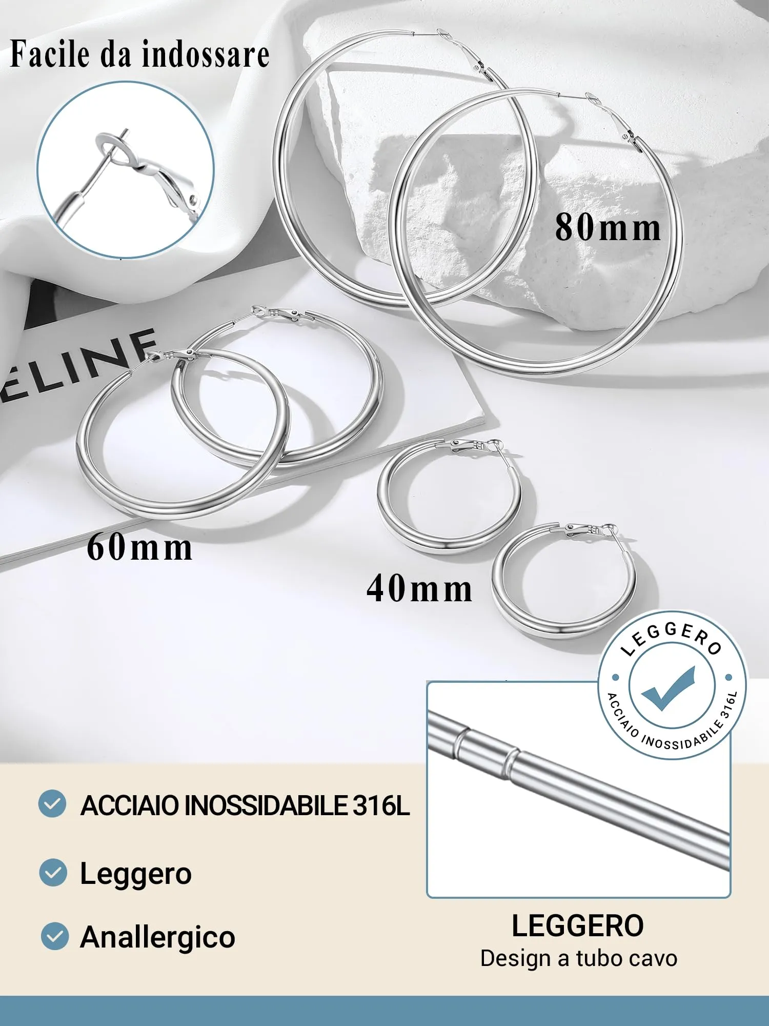 PROSTEEL Orecchini A Cerchio Orecchini Donna Cerchio Argento Acciao Inossidabile Orecchini Anallergici Donna 60mm - immagine 6