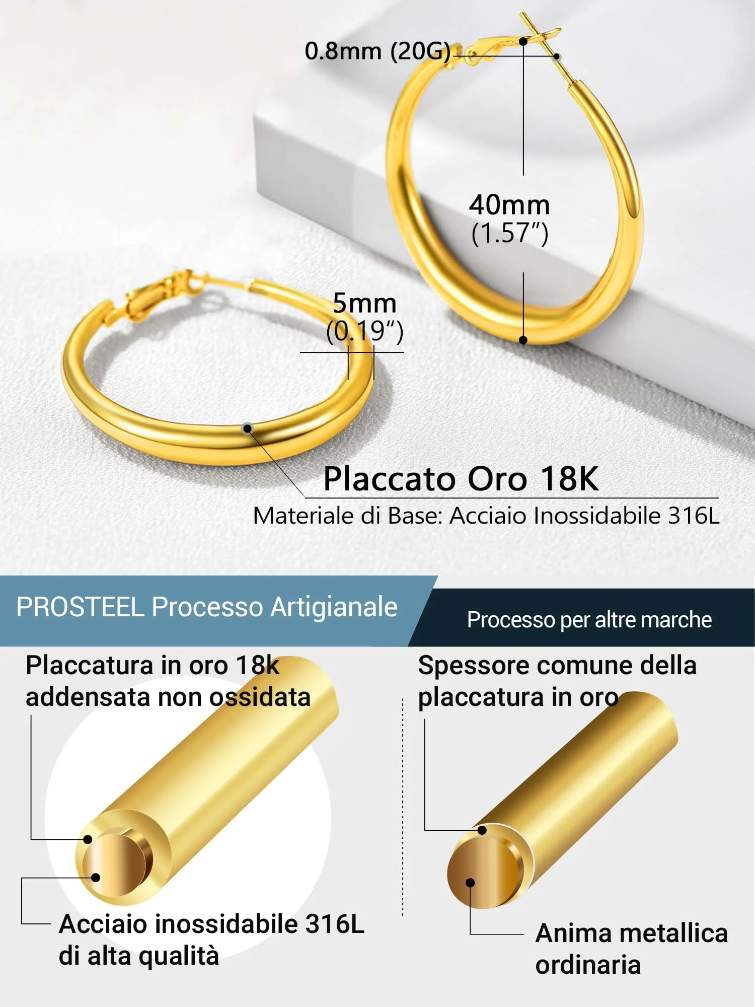 PROSTEEL Orecchini Cerchio Oro, Acciao Inossidabile, Dorati 40mm - immagine 3
