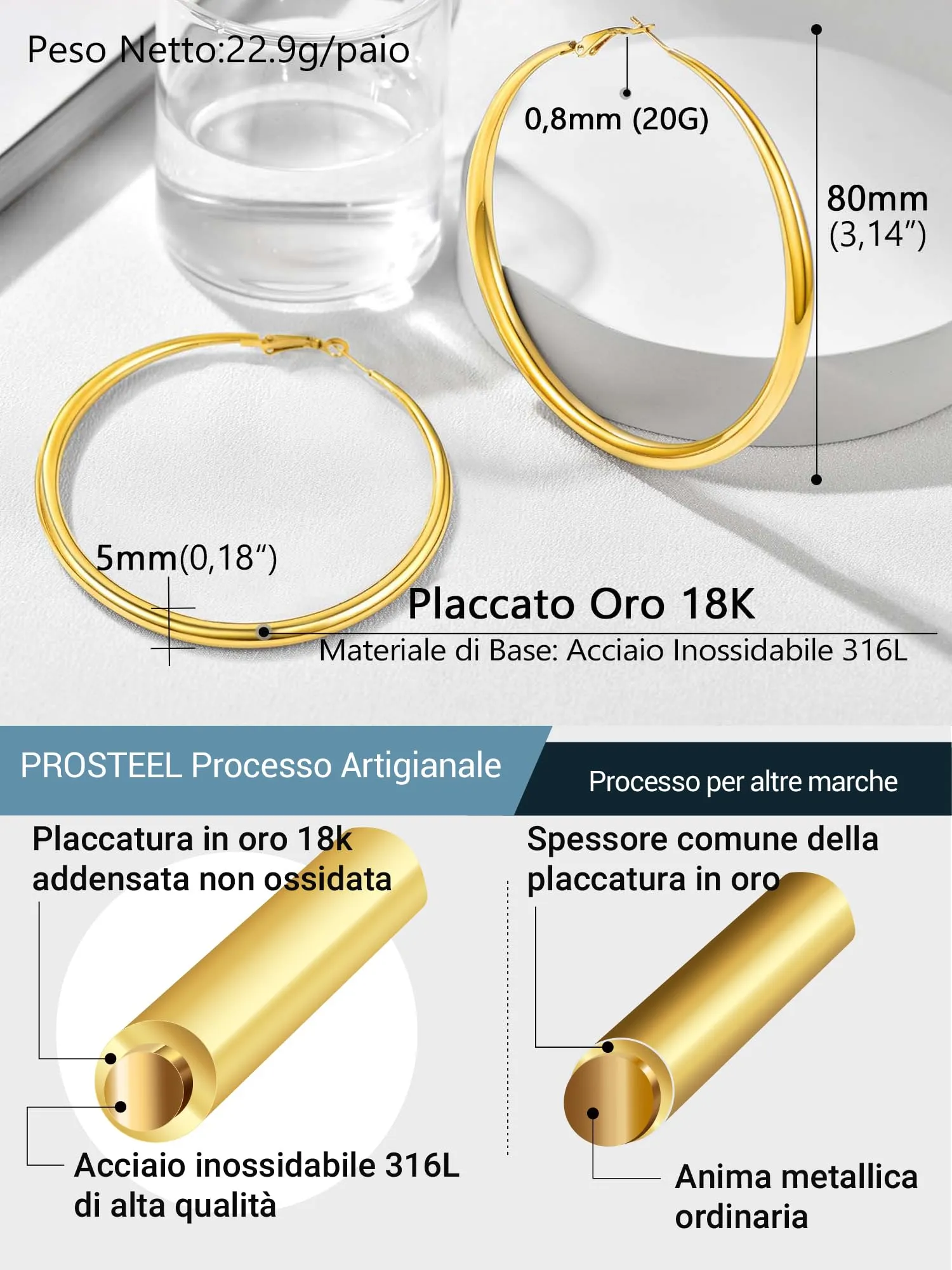 PROSTEEL Orecchini A Cerchio Grandi Donna Oro in Acciaio Inossidabile 80mm - immagine 5
