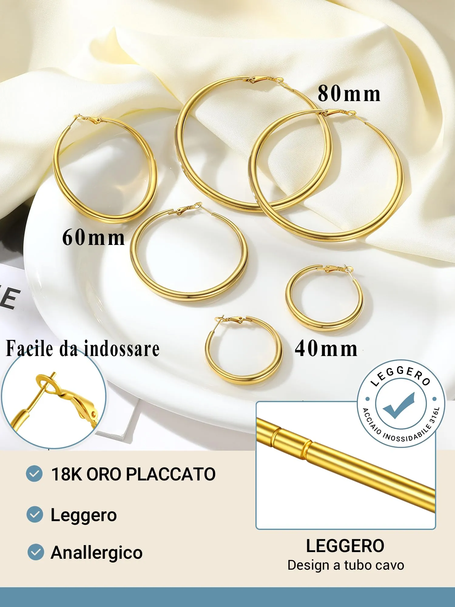 PROSTEEL Orecchini A Cerchio Grandi Donna Oro in Acciaio Inossidabile 80mm - immagine 6