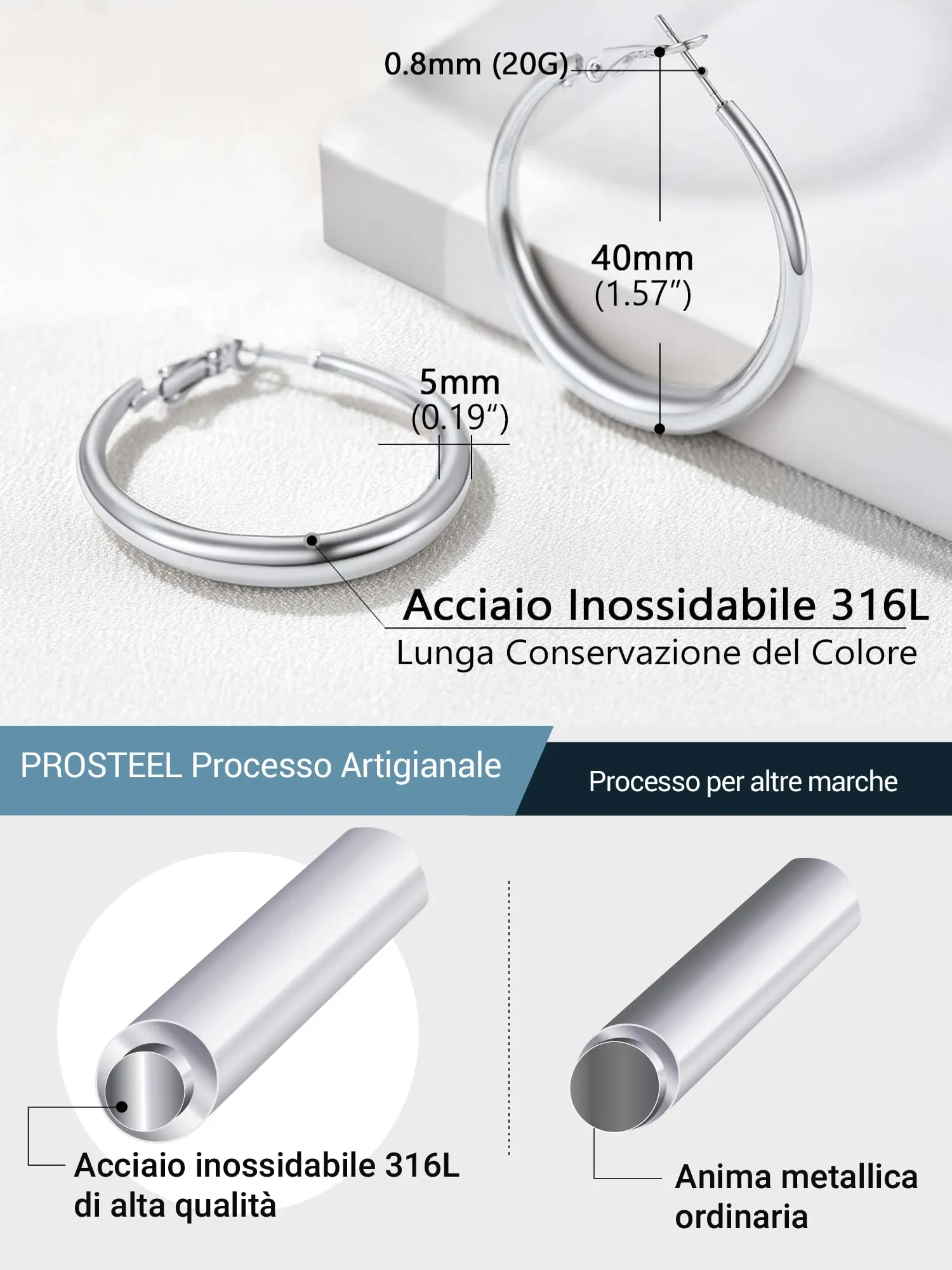 PROSTEEL Orecchini Donna Cerchio Orecchini Cerchio Acciao Inossidabile Orecchini Acciaio Chirurgico 40mm - immagine 3
