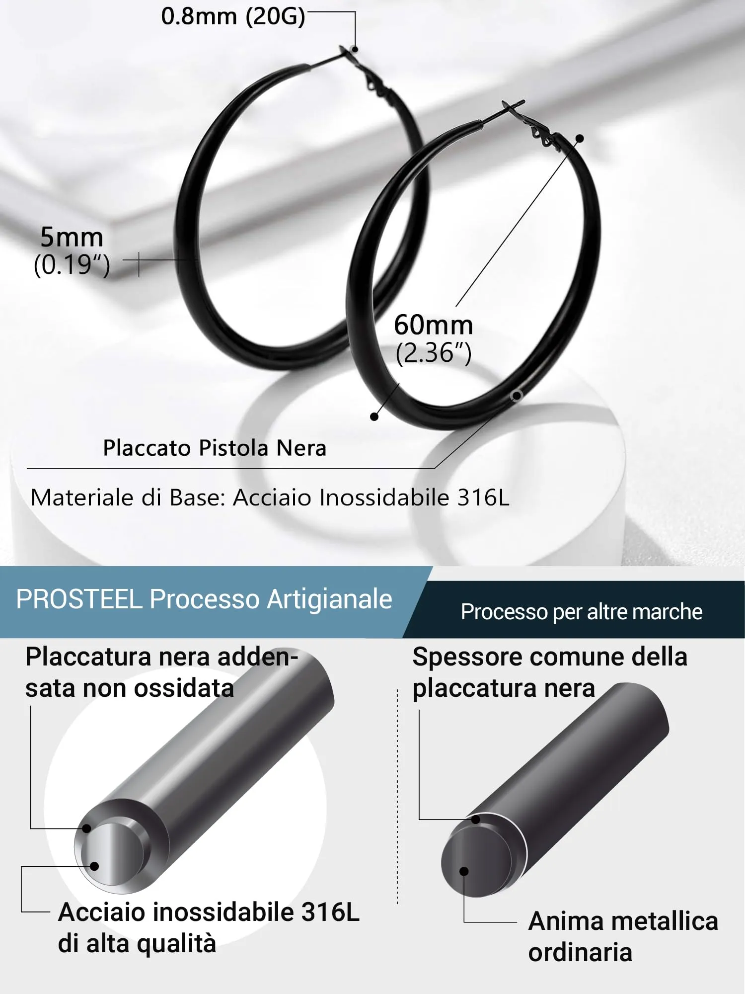 PROSTEEL Orecchini Cerchio Grandi Neri Orecchini A Cerchio Grandi Acciao Inossidabile Orecchini Donna Cerchio Grande 60mm - immagine 5