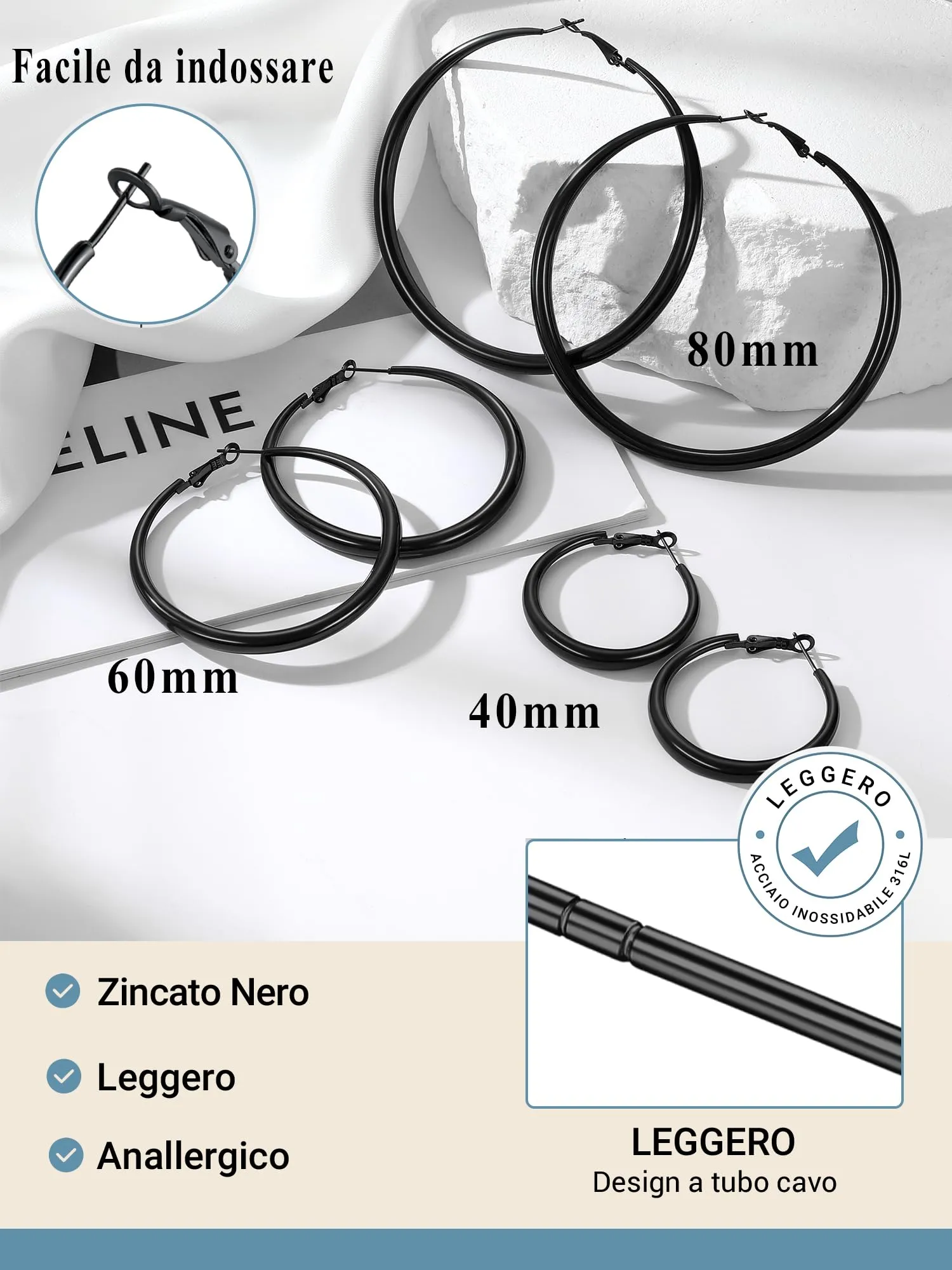 PROSTEEL Orecchini Cerchio Grandi Neri Orecchini A Cerchio Grandi Acciao Inossidabile Orecchini Donna Cerchio Grande 60mm - immagine 6