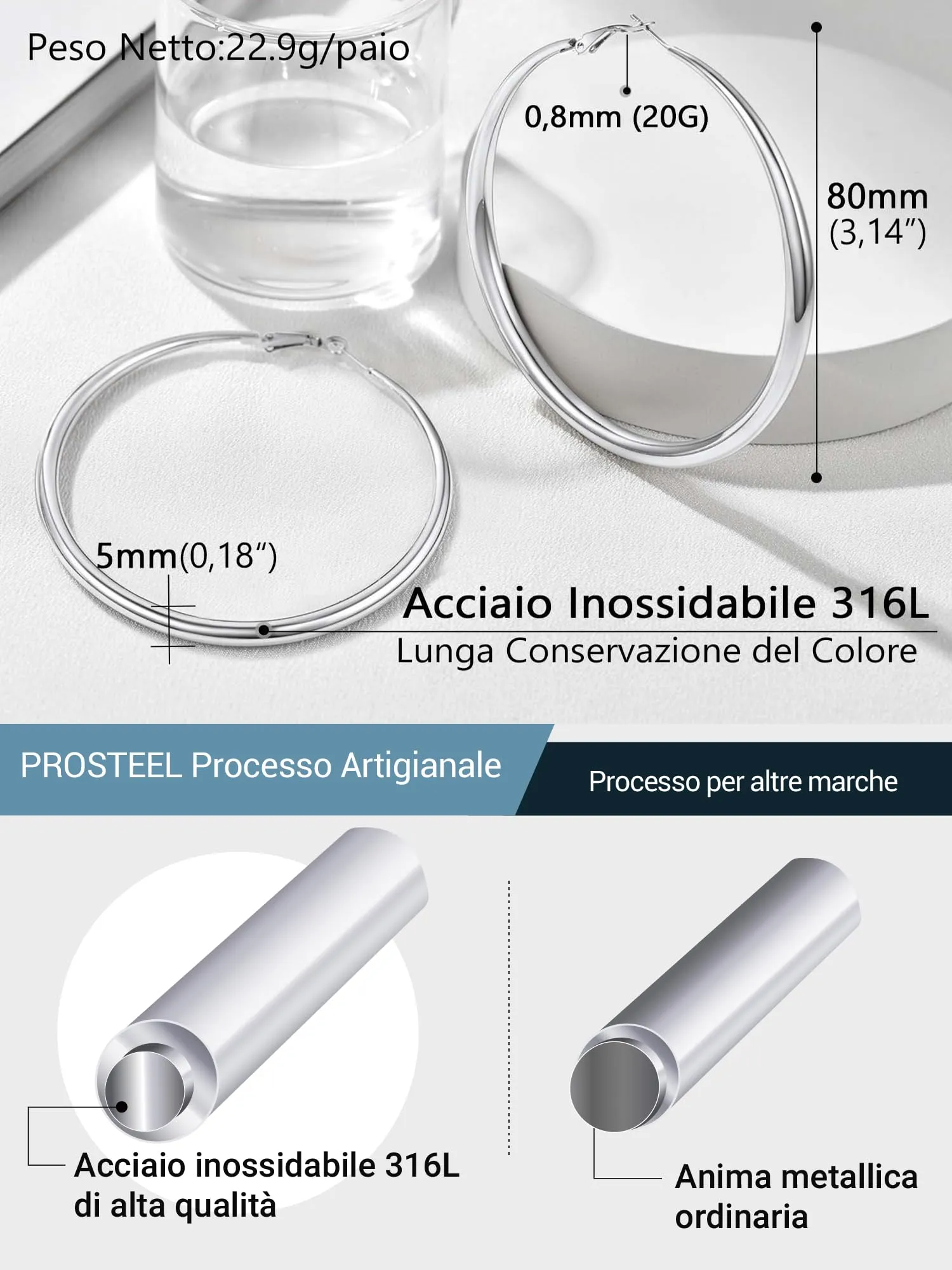 PROSTEEL Orecchini Cerchio Grandi Da Donna in Acciaio Inossidabile - Clip 80mm - immagine 3
