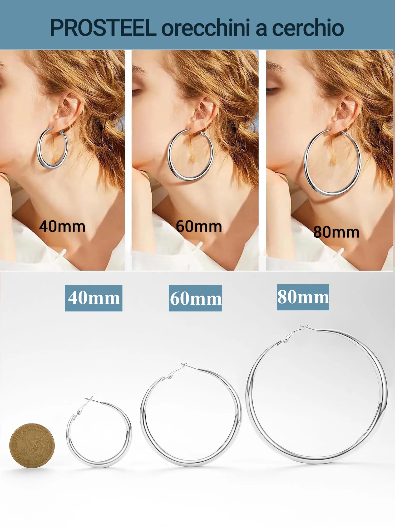 PROSTEEL Orecchini Cerchio Grandi Da Donna in Acciaio Inossidabile - Clip 80mm - immagine 5