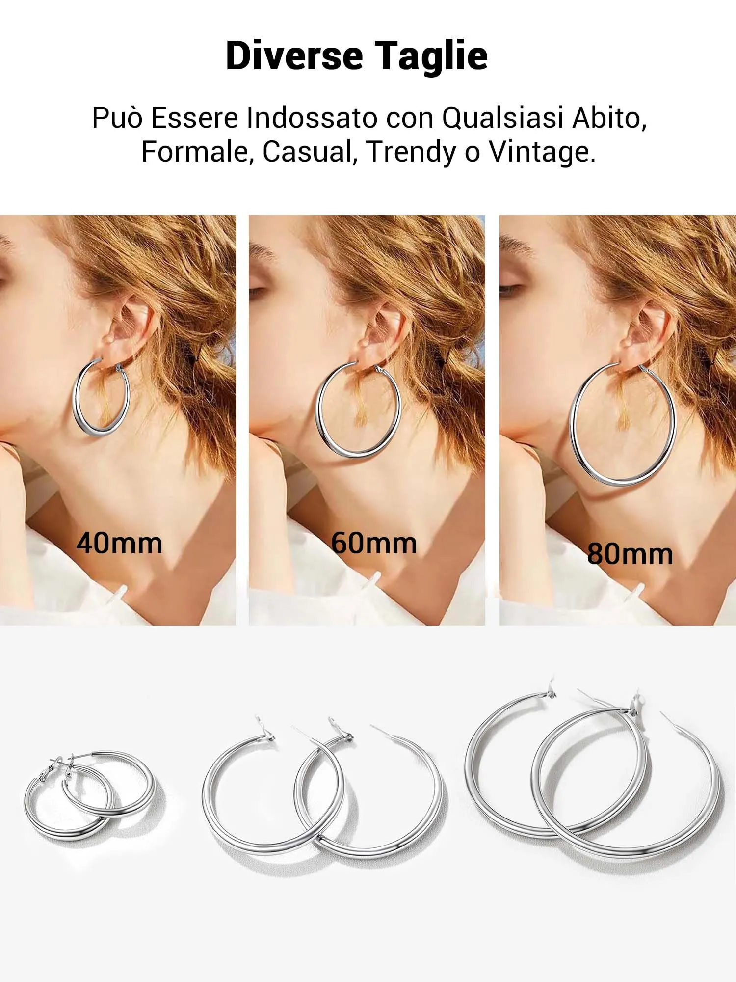 PROSTEEL Orecchini Cerchio Grandi Da Donna in Acciaio Inossidabile - Clip 80mm - immagine 7