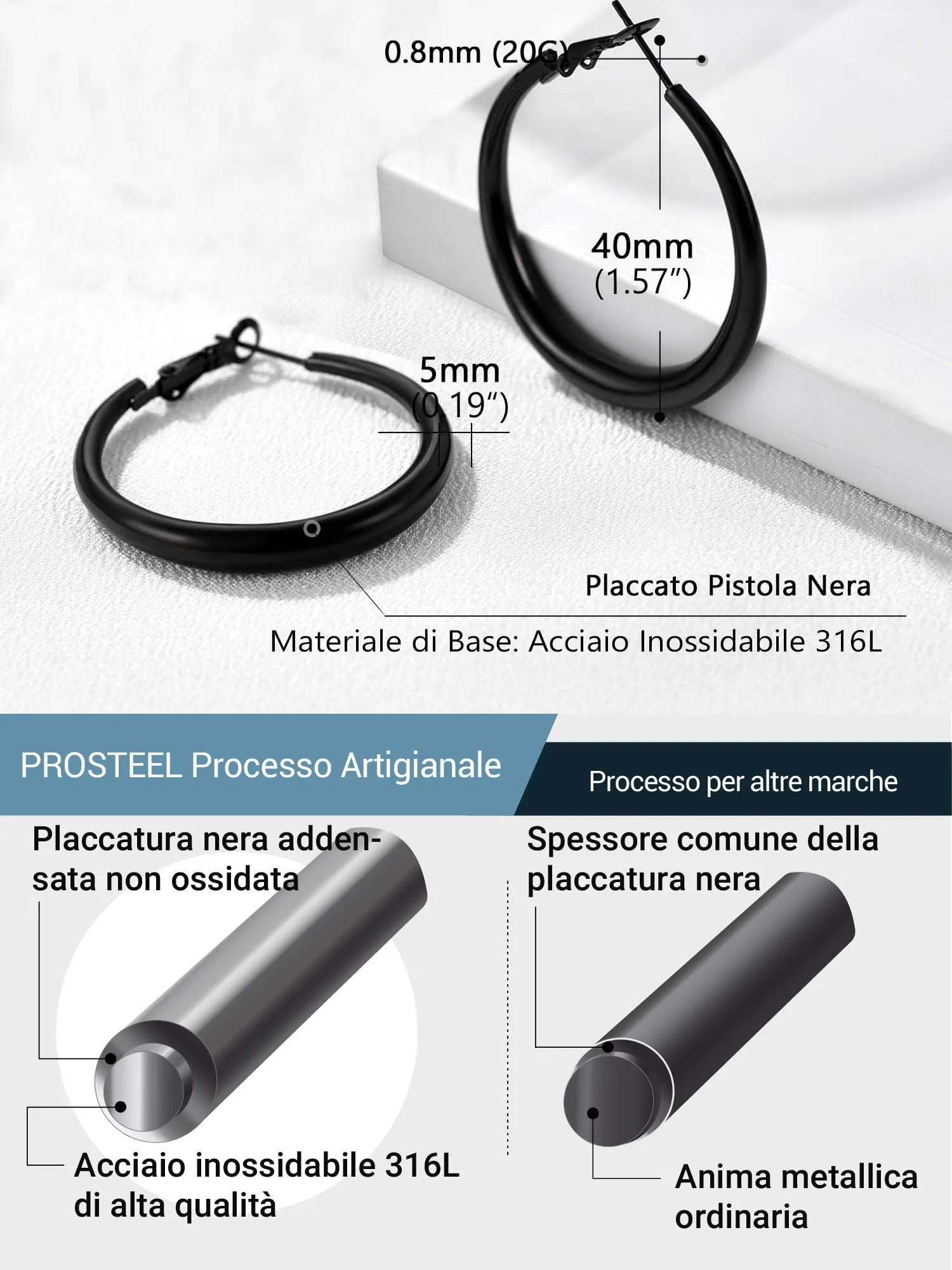PROSTEEL Orecchini Cerchio Acciaio Chirurgico Inossidabile Spessi 40mm - immagine 6