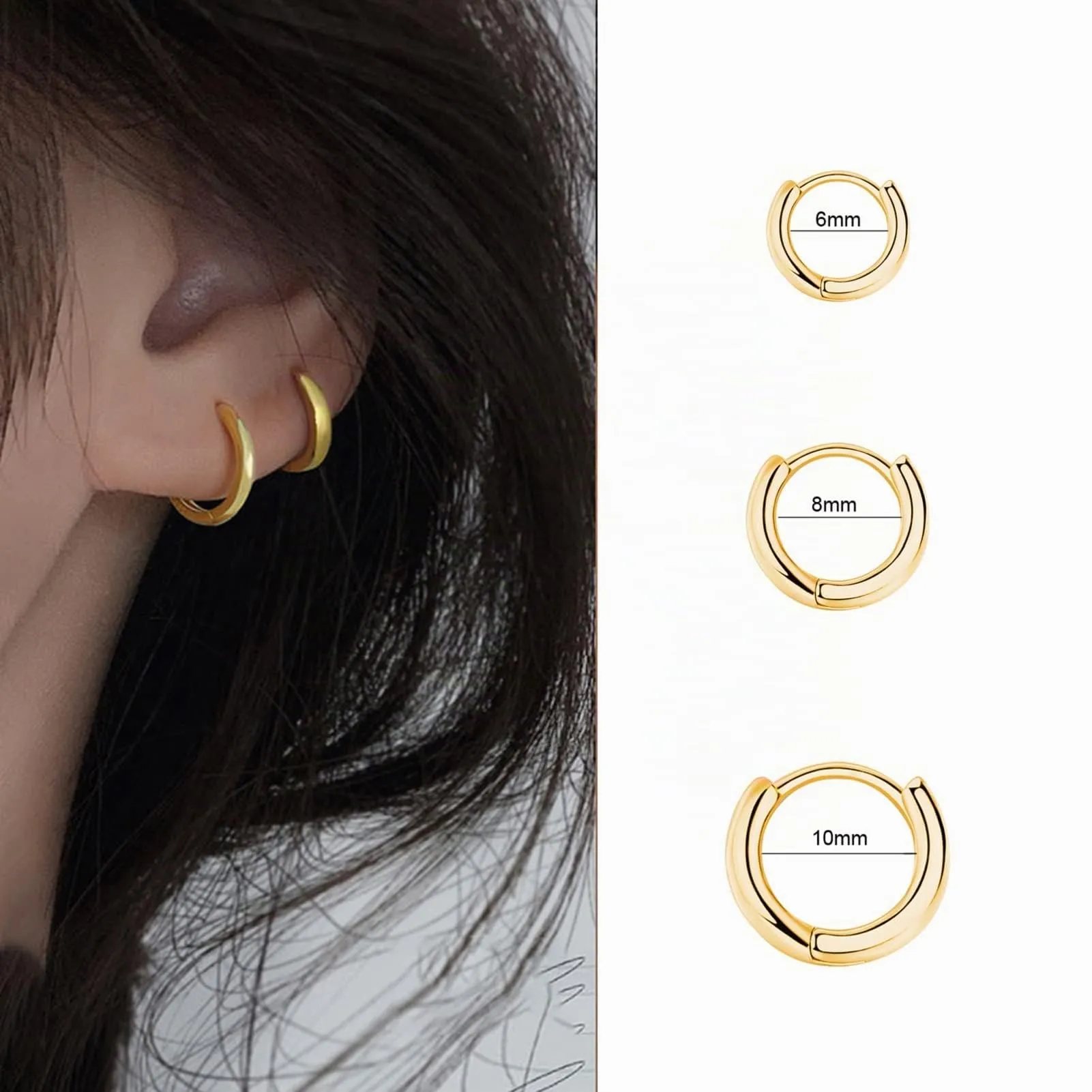 3 Paia Orecchini Cerchio Argento 925 per Donna,Orecchini Cerchio Piccoli Set Orecchini Cerchio Oro Orecchini Donna Oro Orecchini Uomo Oro per Le Donne Ragazze LabbroTrago Cartilagine 6mm 8mm 10mm - immagine 3