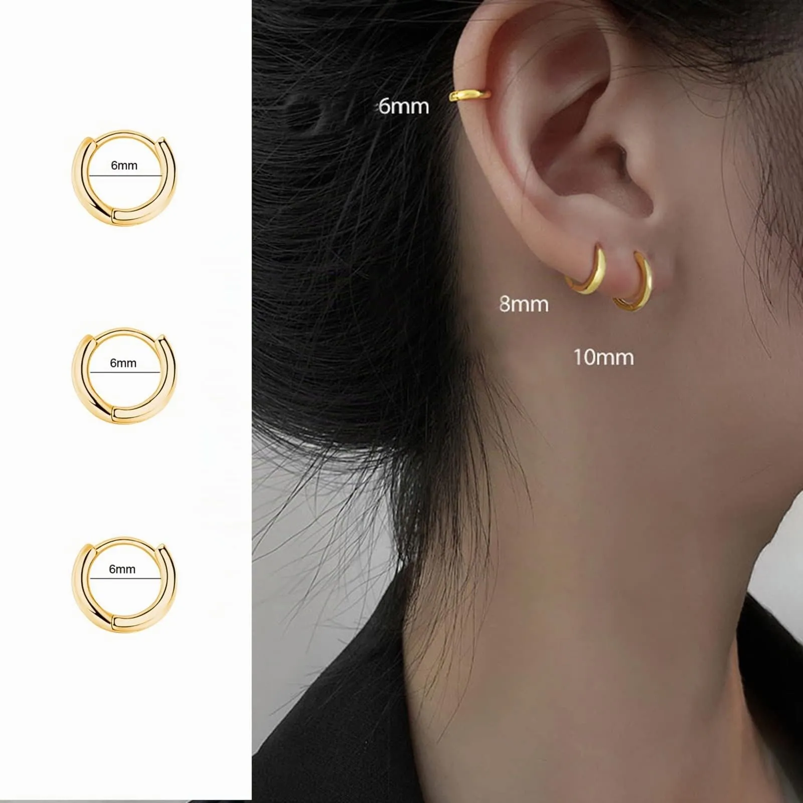 Paia Orecchini Cerchio Argento 925 per Donna, Orecchini Piccoli Set Orecchini Donna Oro, Uomo per Le Donne Ragazze LabbroTrago Cartilagine 6mm - immagine 3