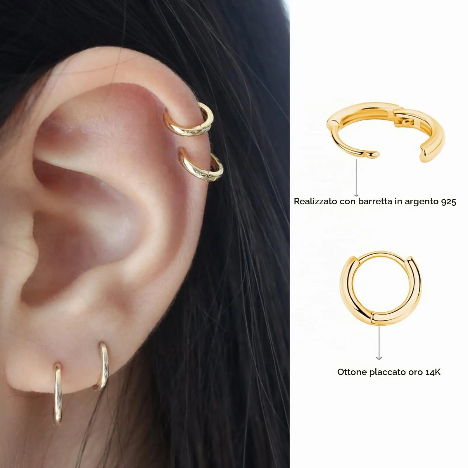 3 Paia Orecchini Cerchio Argento 925 per Donna, Set Piccoli Orecchini Oro per Uomo, Donne e Ragazze - Labbro, Trago, Cartilagine 8mm - immagine 2