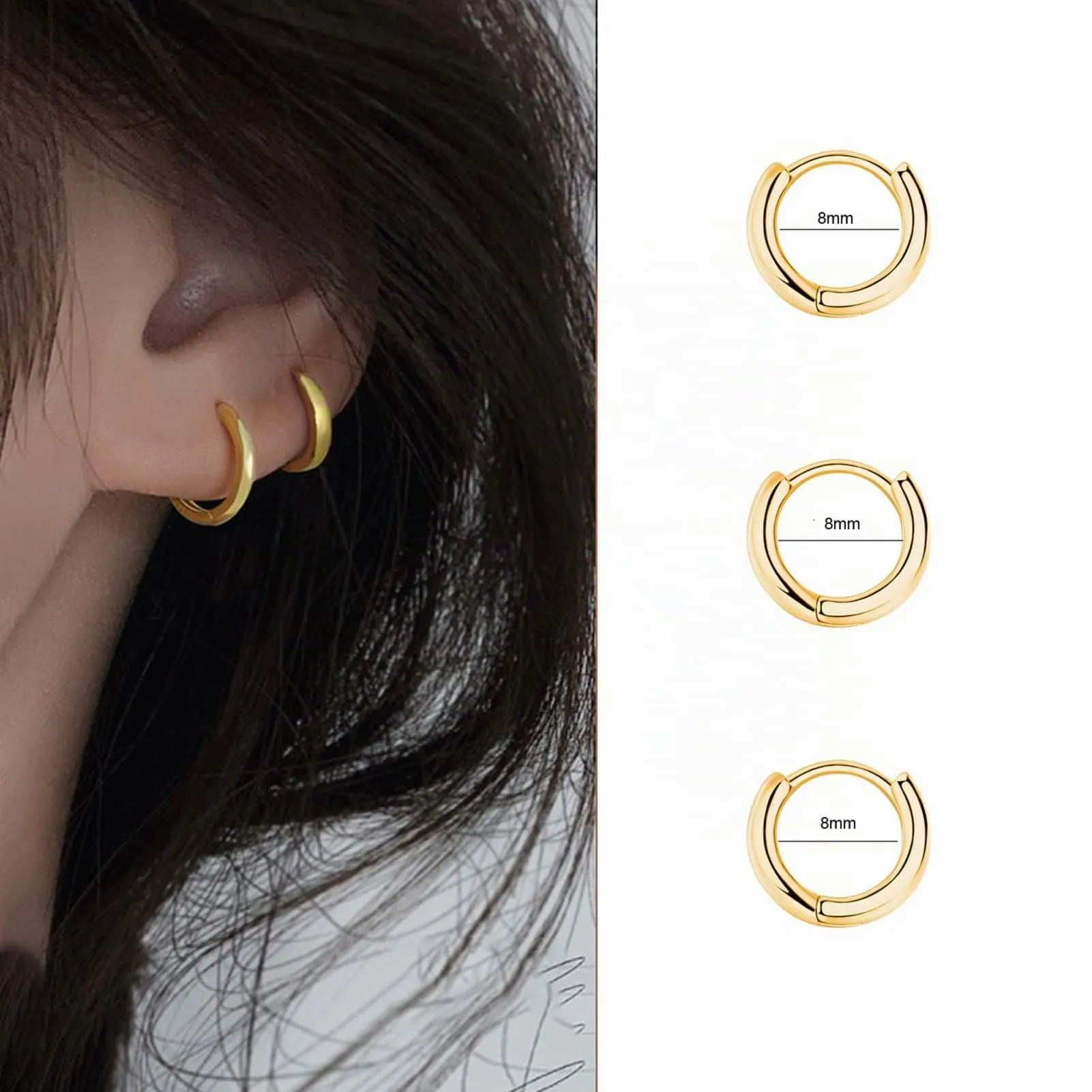 3 Paia Orecchini Cerchio Argento 925 per Donna, Set Piccoli Orecchini Oro per Uomo, Donne e Ragazze - Labbro, Trago, Cartilagine 8mm - immagine 3