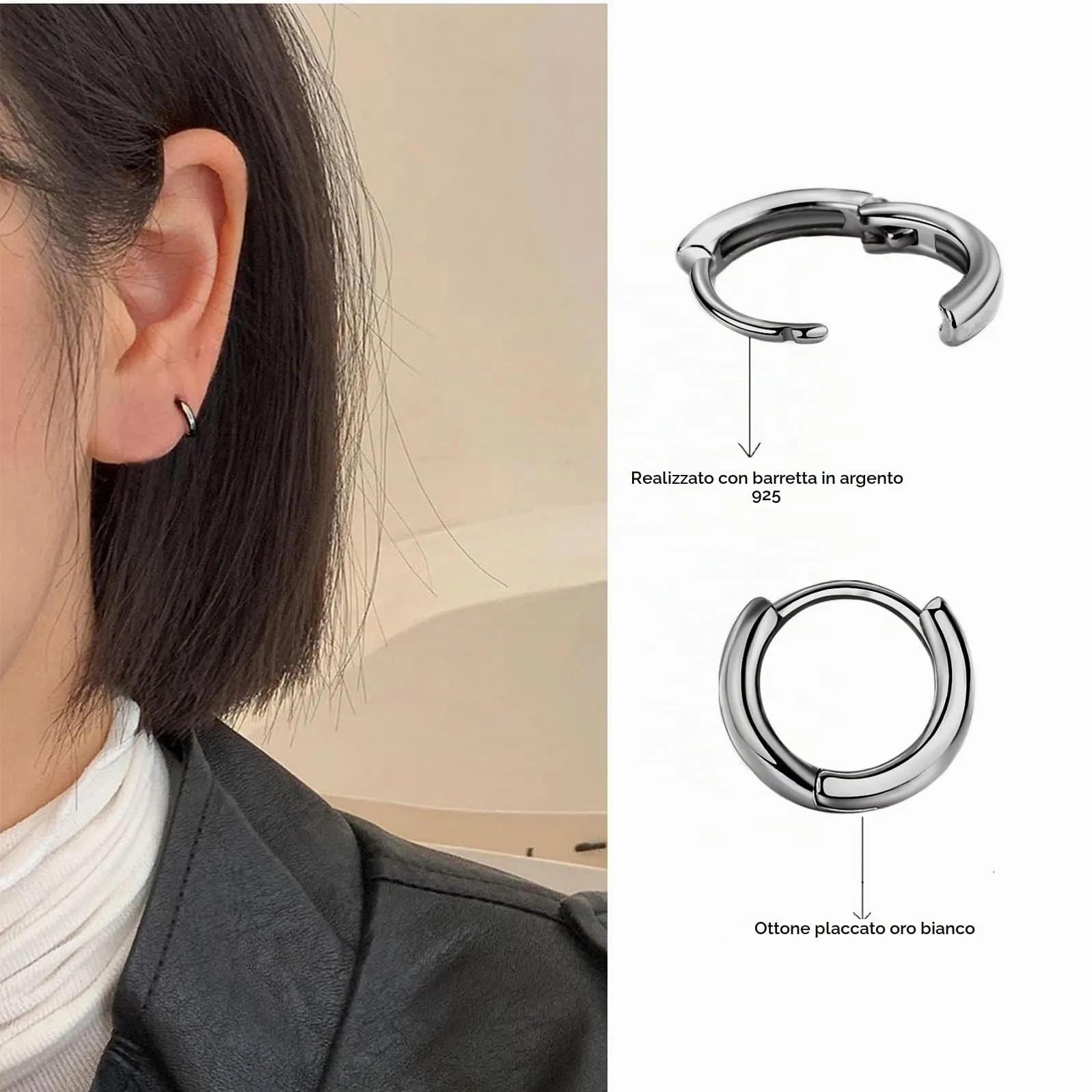 3 Paia Orecchini Cerchio Argento 925 per Donna,Orecchini Cerchio Piccoli Set Orecchino Uomo Nero Orecchini Neri Anallergici 6mm,8mm,10mm - immagine 2