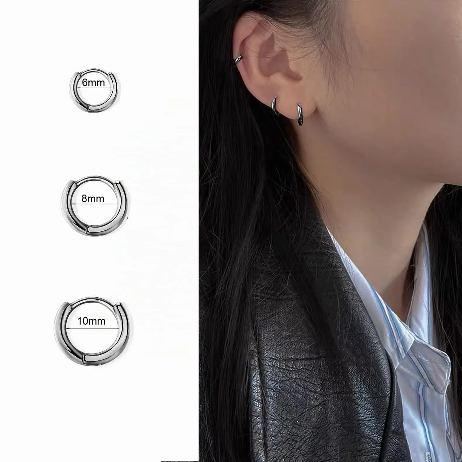 3 Paia Orecchini Cerchio Argento 925 per Donna,Orecchini Cerchio Piccoli Set Orecchino Uomo Nero Orecchini Neri Anallergici 6mm,8mm,10mm - immagine 4