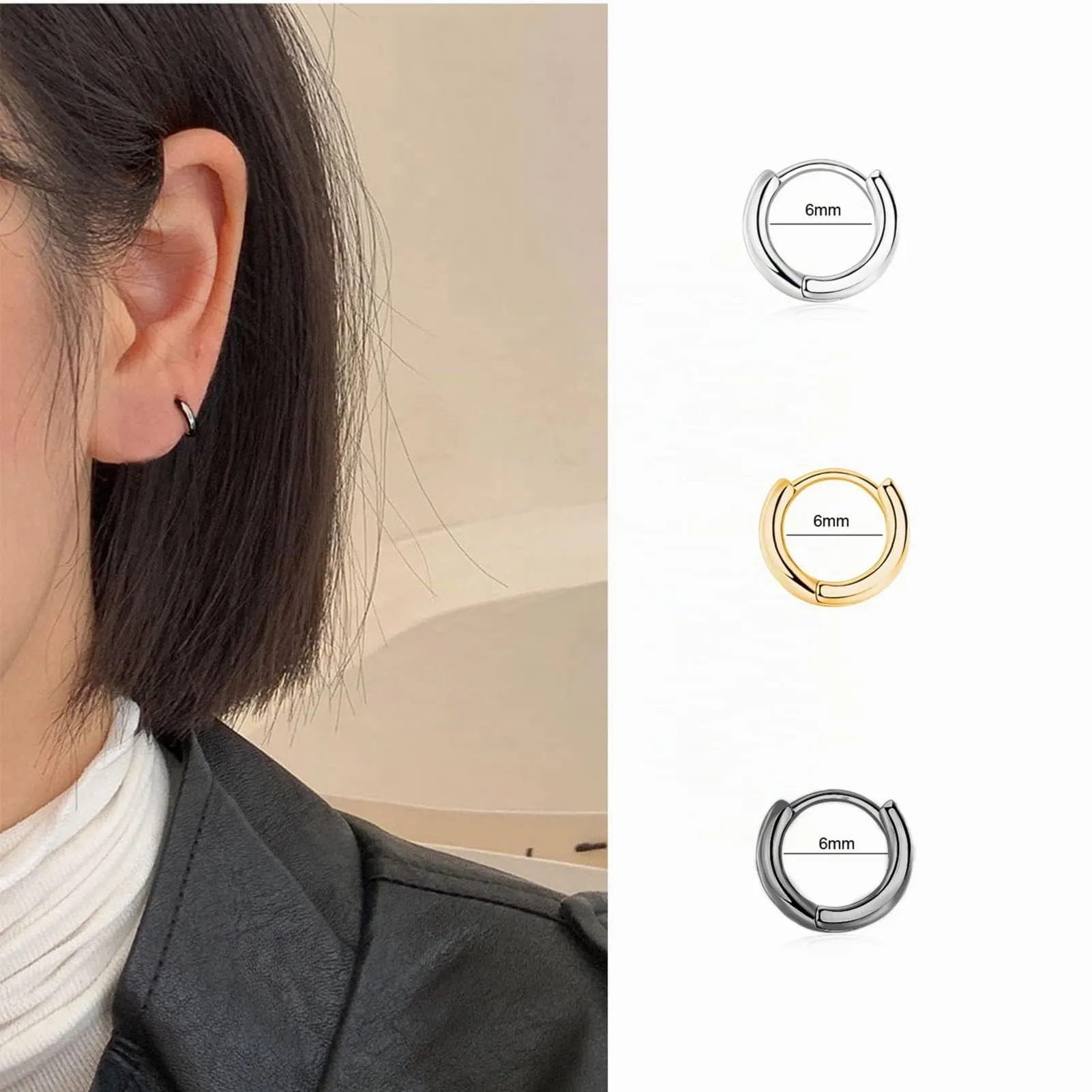 3 Paia Orecchini Cerchio Argento 925 per Donna,Orecchini Cerchio Donna Oro Piccoli Set Orecchino Uomo Nero Orecchini Neri Anallergici 6mm - immagine 5