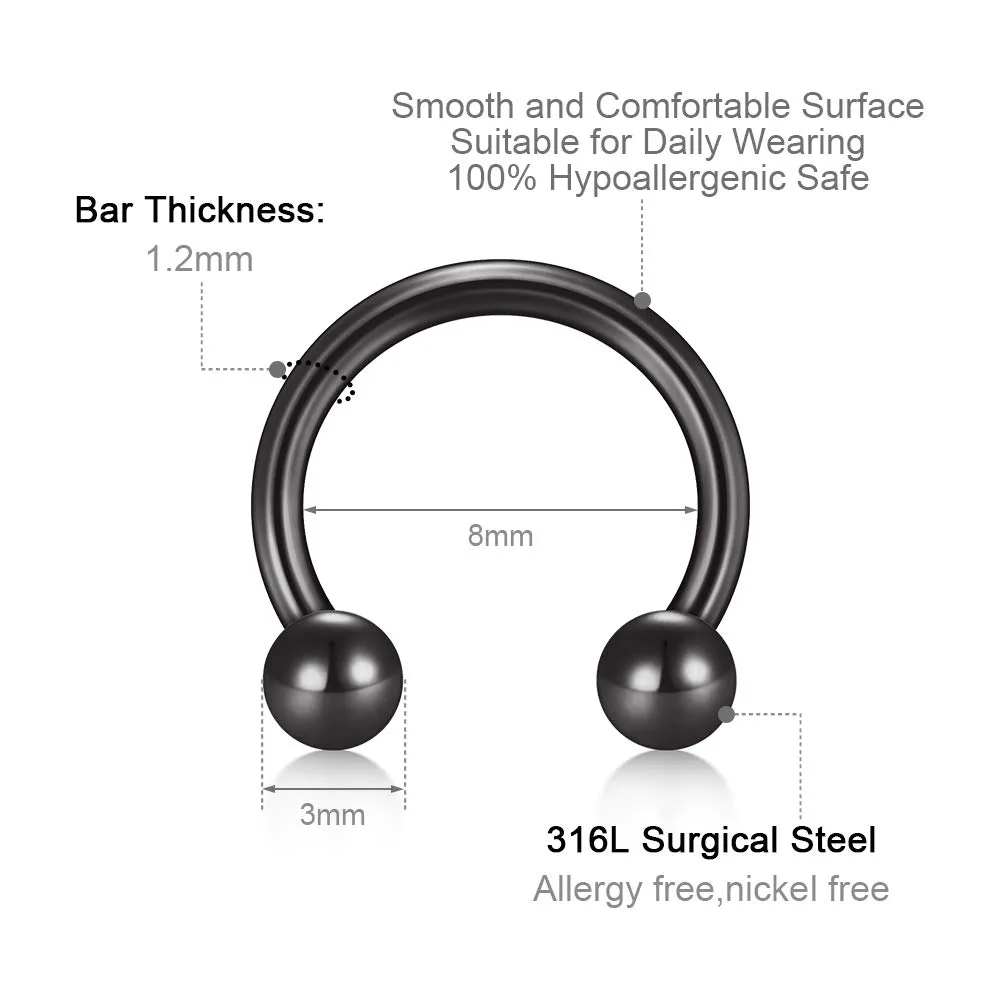Rajnard Anello per Naso in Acciaio Chirurgico e Set di Palline di Ricambio 16G Helix Horseshoe Septum Lip Cartilage Tragus Rook Orecchini Nero 6 8 10 12mm per Donne e Uomini - immagine 2