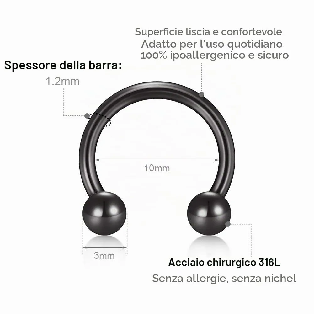 Rajnard Anello per Naso in Acciaio Chirurgico e Set di Palline di Ricambio 16G Helix Horseshoe Septum Lip Cartilage Tragus Rook Orecchini Nero 6 8 10 12mm per Donne e Uomini - immagine 3