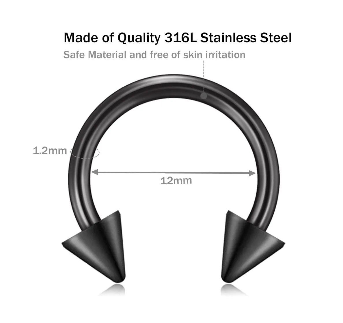 Rajnard Anello per Naso in Acciaio Chirurgico e Set di Palline di Ricambio 16G Helix Horseshoe Septum Lip Cartilage Tragus Rook Orecchini Nero 6 8 10 12mm per Donne e Uomini - immagine 4