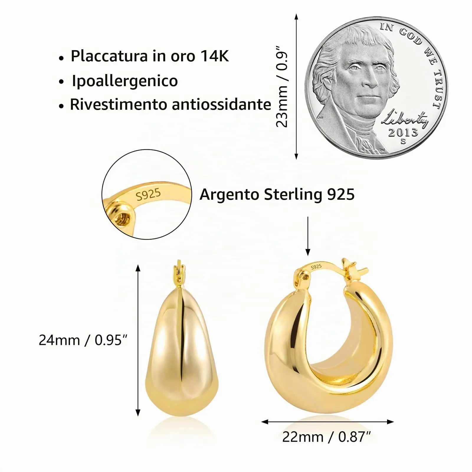 Orecchini Mezzaluna Spessi Dorati Léggeri Lucidi Design Glamour Donna - immagine 6