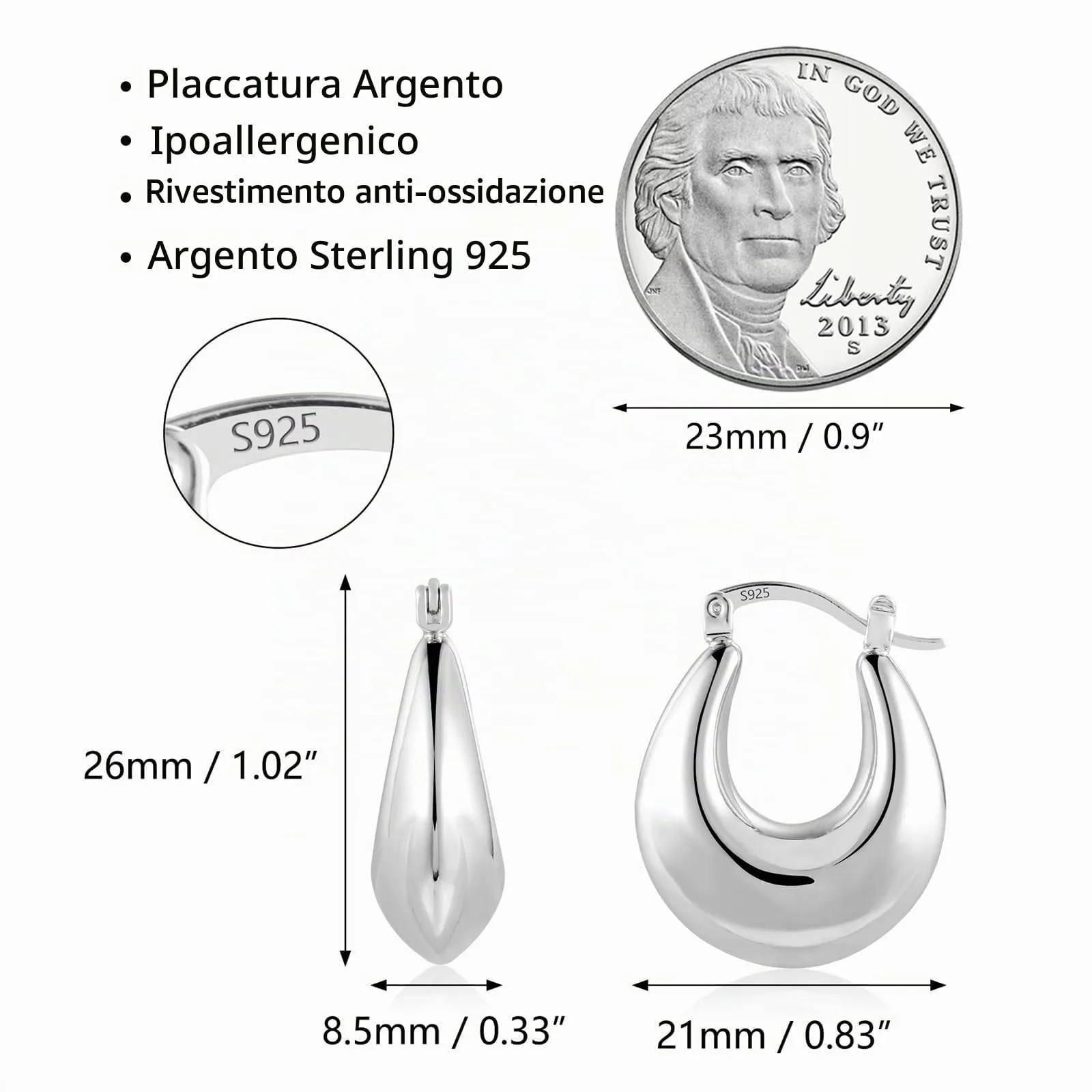 Orecchini A Ferro Di Cavallo Argentati Léggeri Lucidi Design Moderno Donna - immagine 6