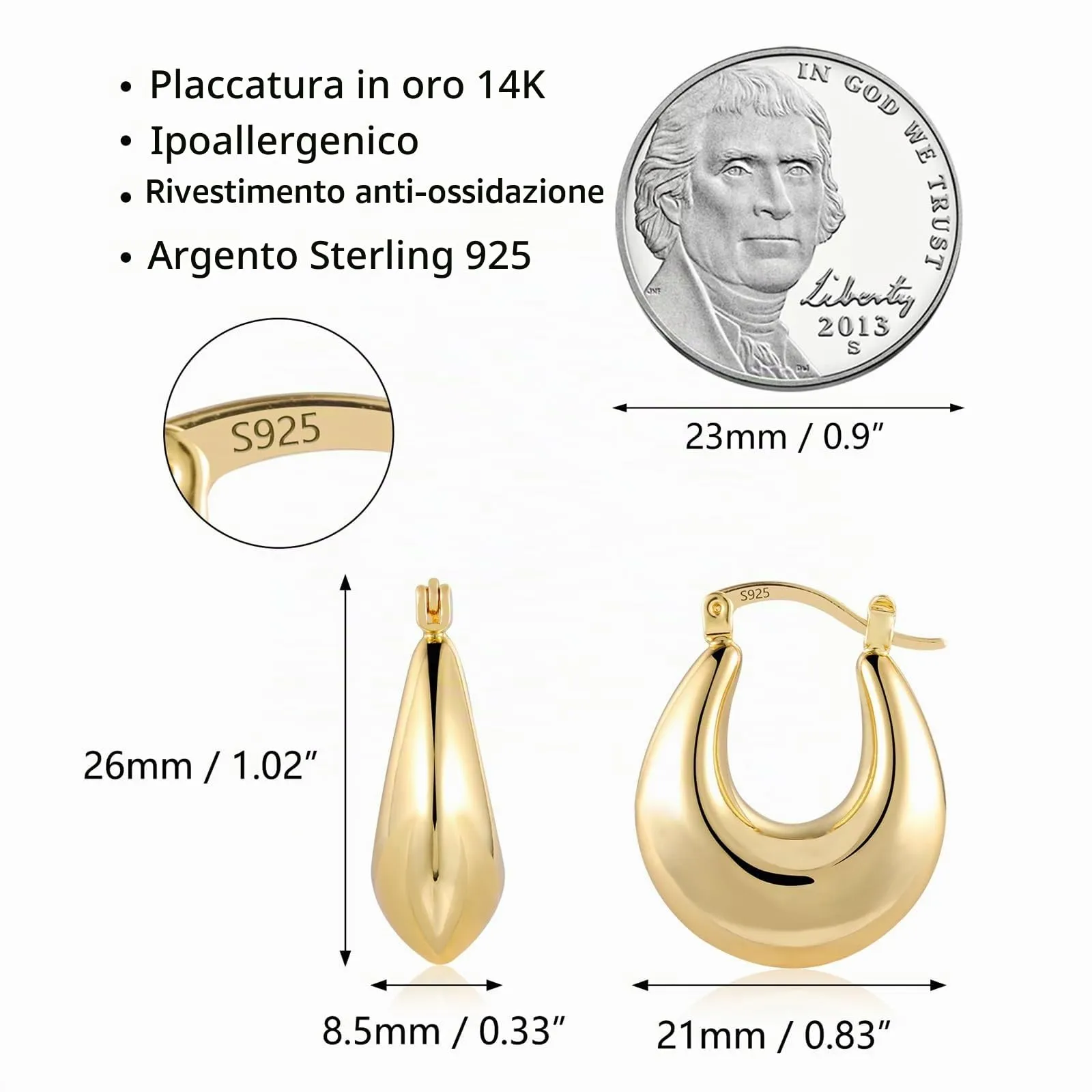 Orecchini A Ferro Di Cavallo Dorati Léggeri Lucidi Design Moderno Donna - immagine 6