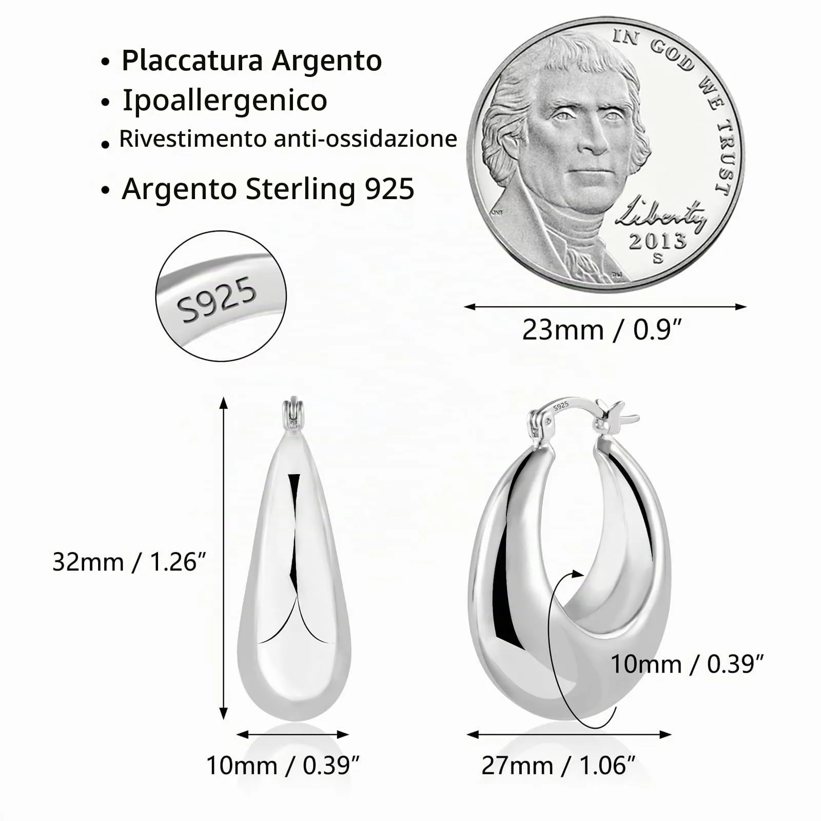 Orecchini Créole A Forma Di Goccia Argentati Lucidi Design Elegante Donna - immagine 6