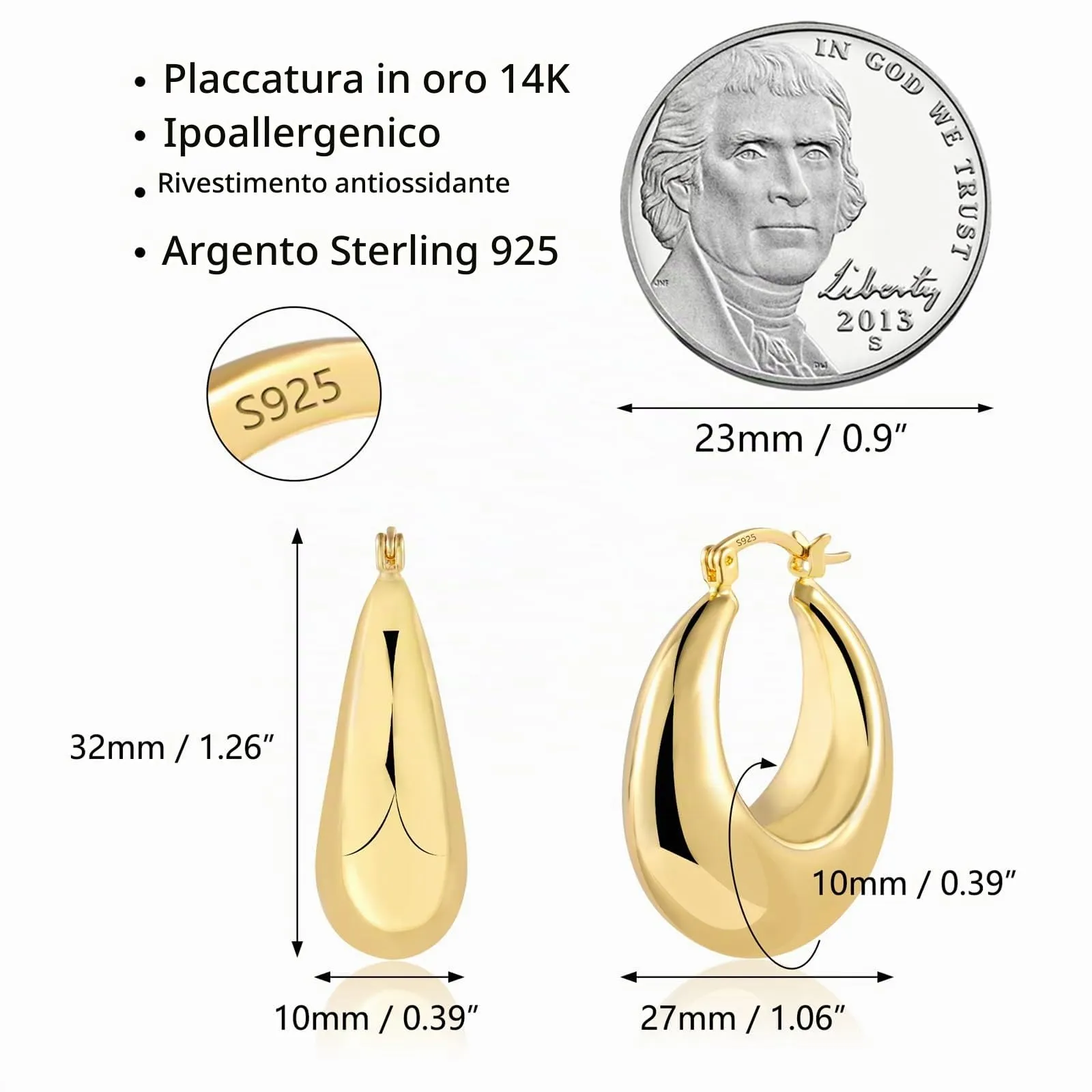 Orecchini Créole A Forma Di Goccia Dorati Lucidi Design Elegante Donna - immagine 7