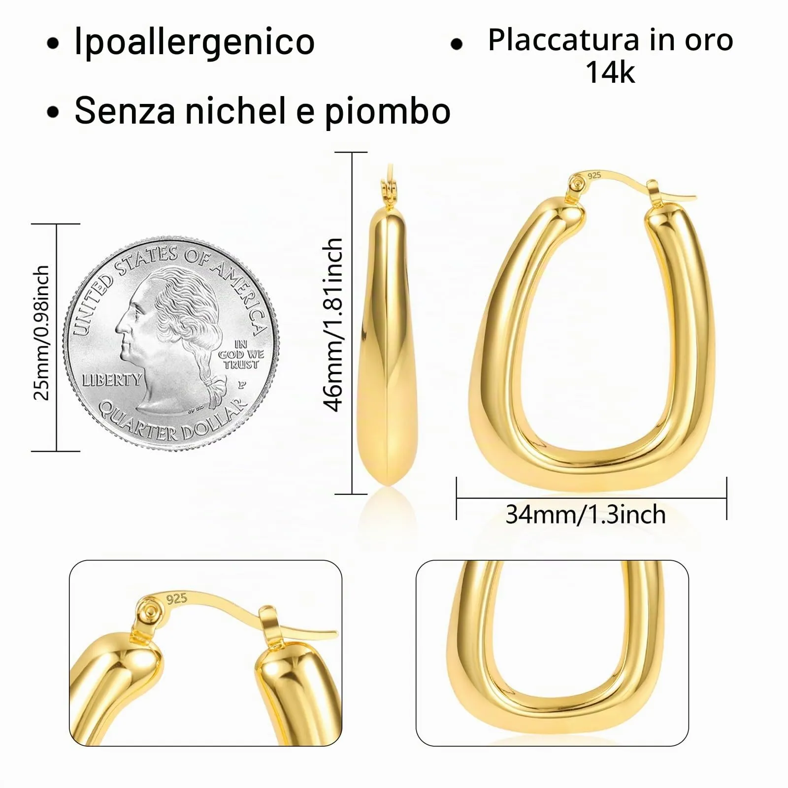 Orecchini A Forma Di Uovo Grandi Dorati Design Contemporaneo Donna - immagine 5
