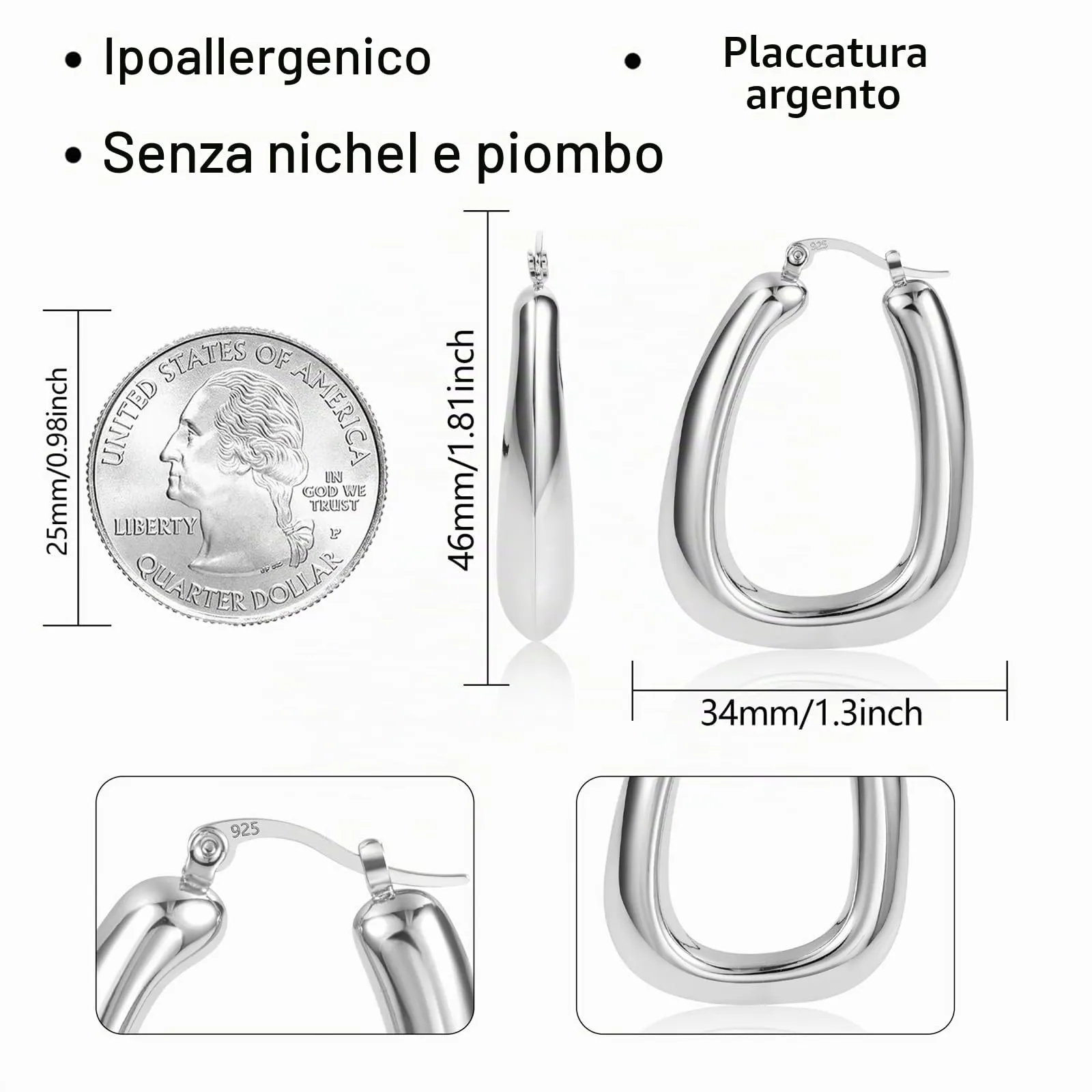 Orecchini A Forma Di Uovo Grandi Argentati Design Contemporaneo Donna - immagine 5