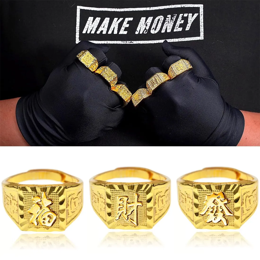 KSJEHW 3 Anelli Uomo Placcato Oro Anello di Nozze Kanji Set Regolabile Halloween Anelli Chuncky - immagine 2