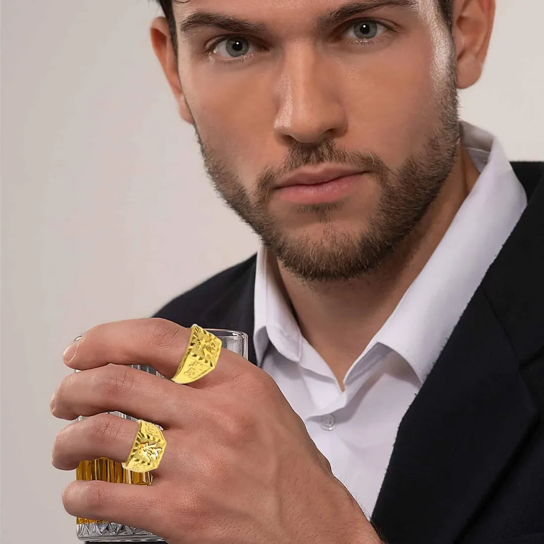 KSJEHW 3 Anelli Uomo Placcato Oro Anello di Nozze Kanji Set Regolabile Halloween Anelli Chuncky - immagine 4