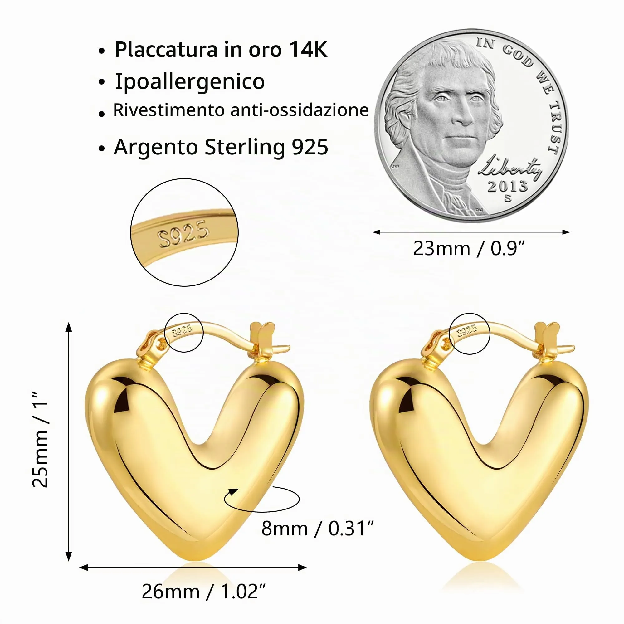 Orecchini A Forma Di Cuore Dorati Léggeri Lucidi Design Romantico Donna - immagine 6