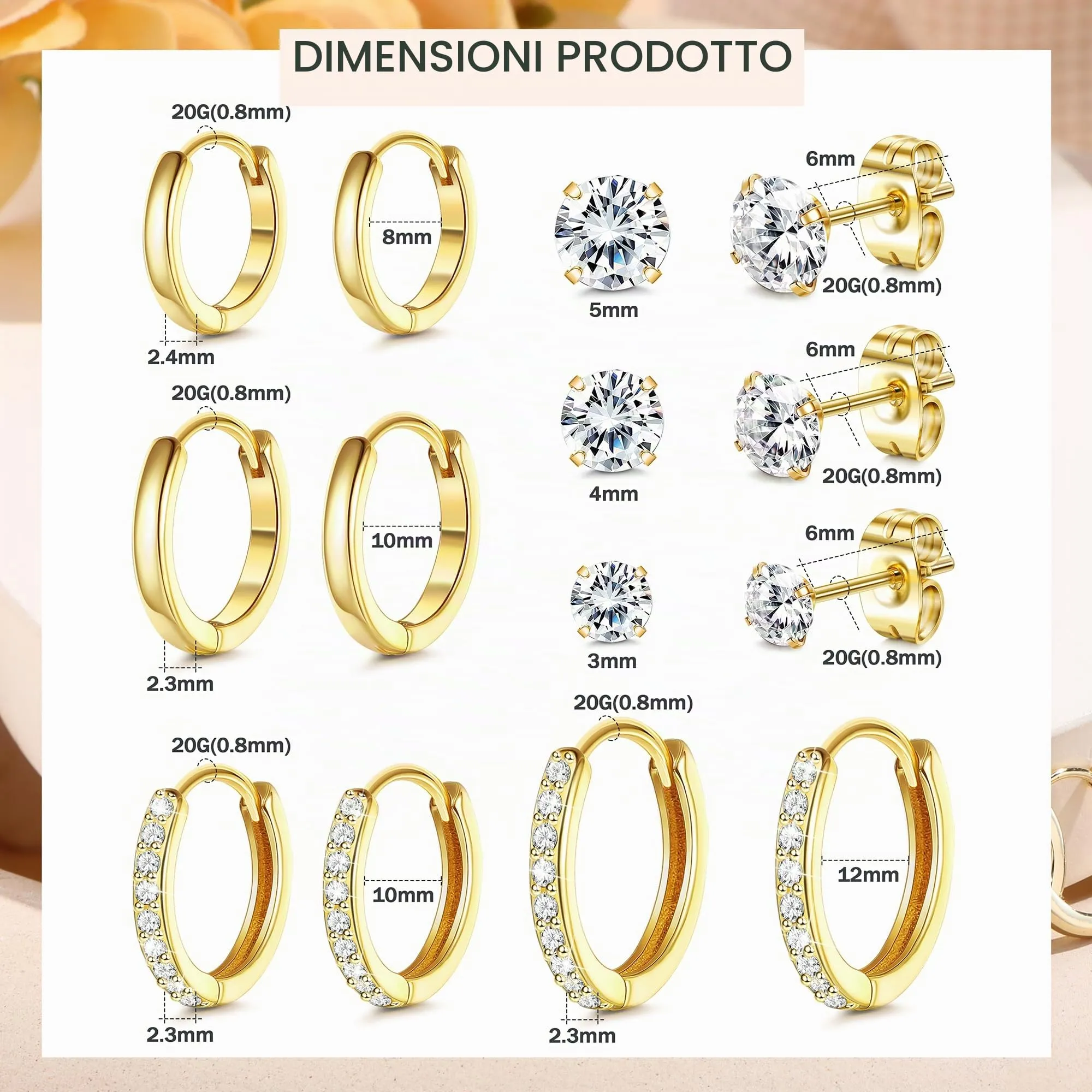 DOCHAIS Orecchini Donna dorato 316L Orecchini Cerchio Acciaio Chirurgico Inossidabile, Anallergici Piercing Orecchini Cerchio Piccoli Cartilagine Orecchio - immagine 2